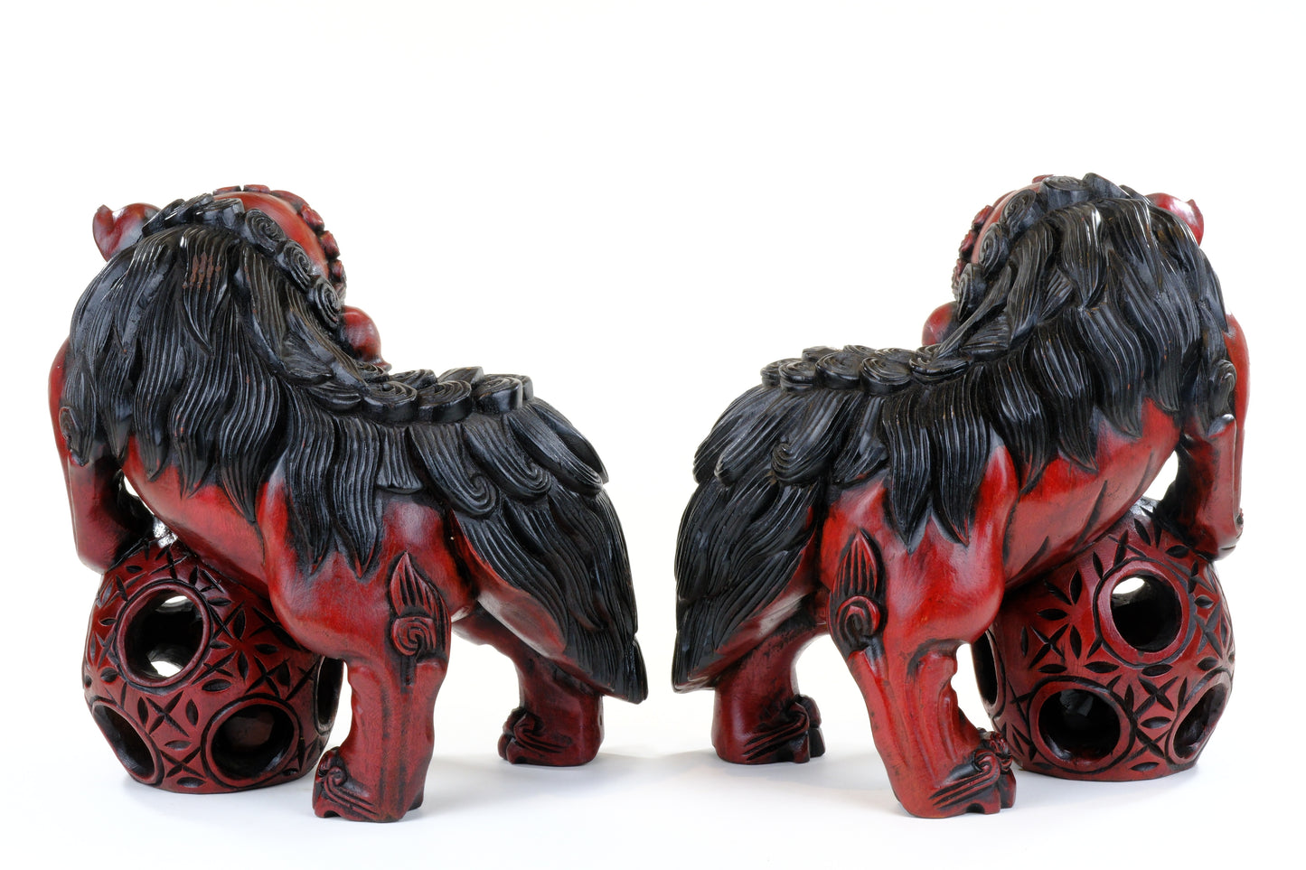 Vintage Japanese Carved Wood Foo Dog Pair Shishi Guardian Lions 10"H