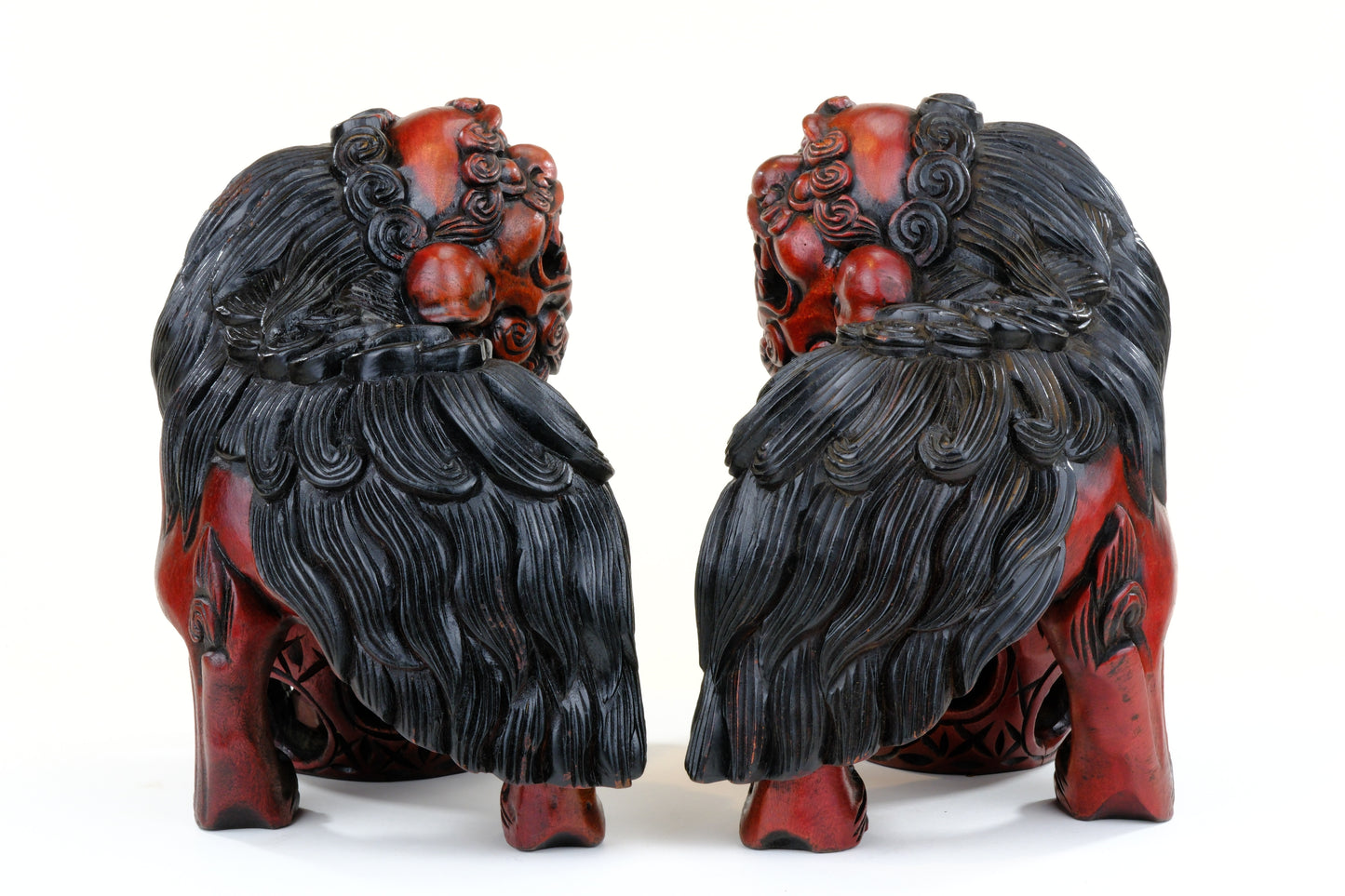 Vintage Japanese Carved Wood Foo Dog Pair Shishi Guardian Lions 10"H