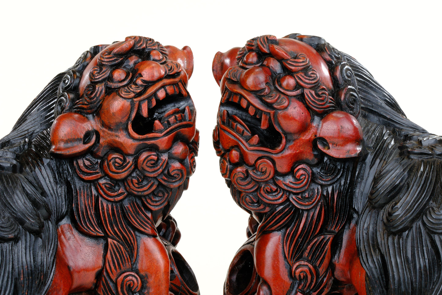 Vintage Japanese Carved Wood Foo Dog Pair Shishi Guardian Lions 10"H