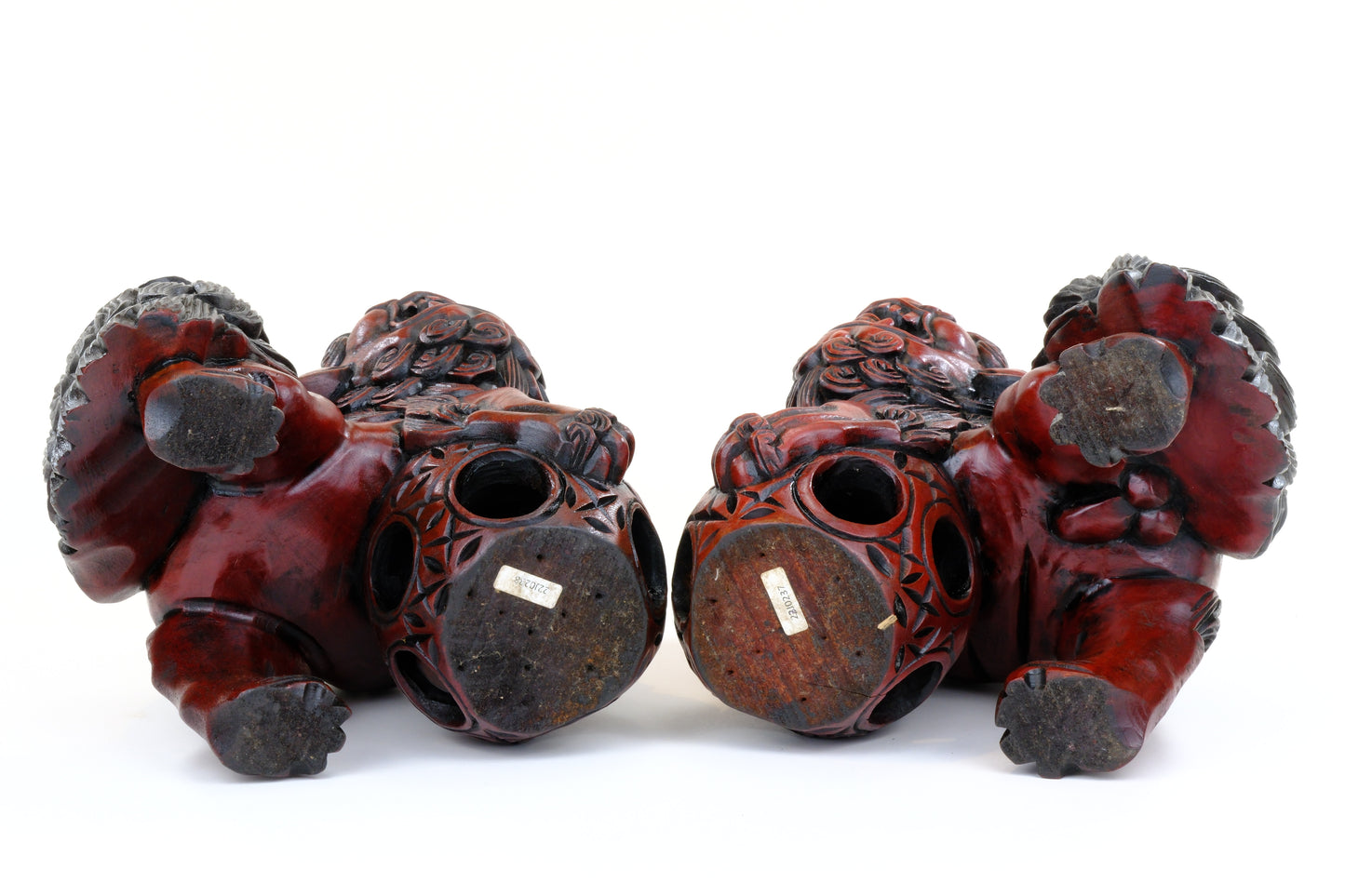 Vintage Japanese Carved Wood Foo Dog Pair Shishi Guardian Lions 10"H