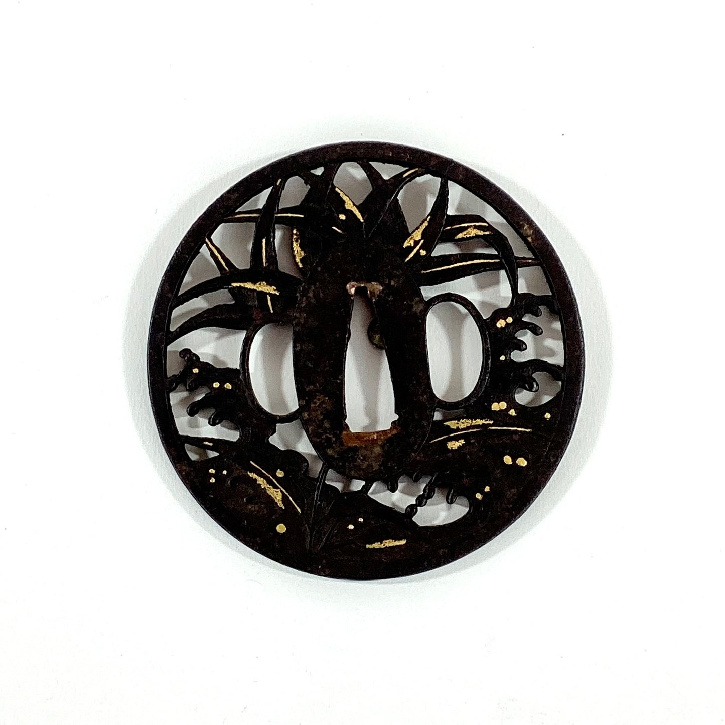 Antique Japanese Edo Period Iron & Gold Nunome Zogan Tsuba Samurai Sword Guard
