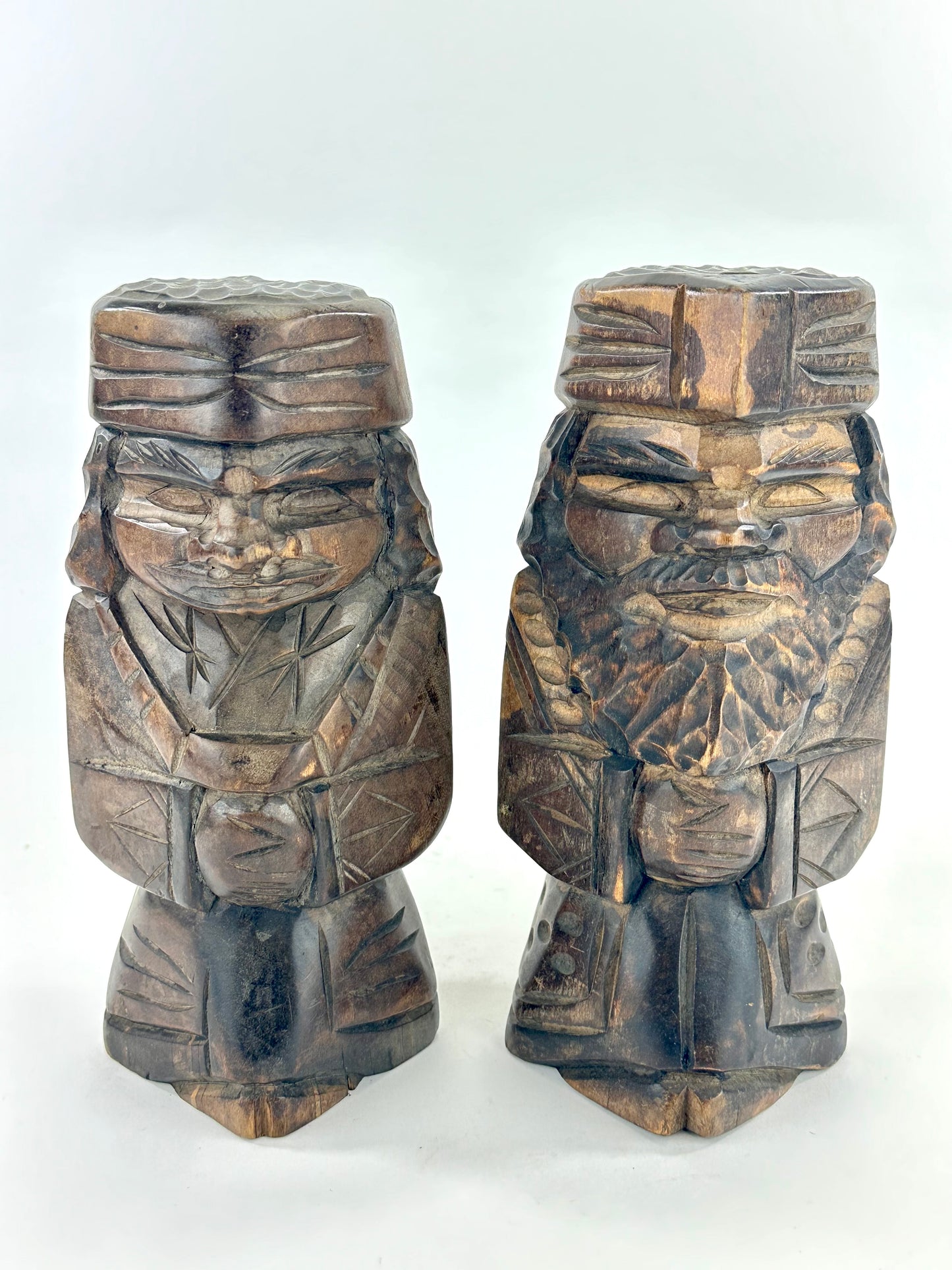 Vintage Japanese Ainu Nipopo Hand-Carved Wooden Figures Pair Folk Art Hokkaido 10"H