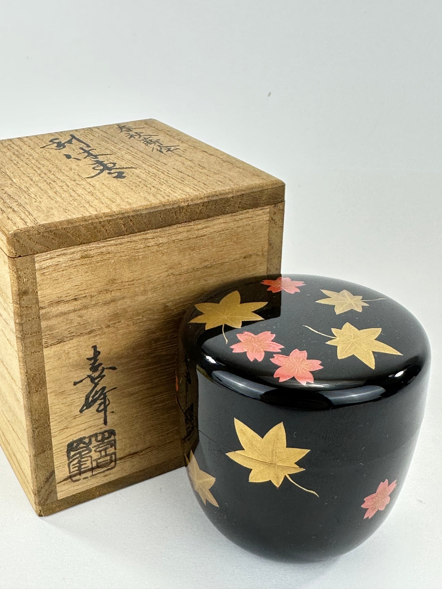 Vintage Japanese Lacquer Tea Caddy Natsume with Maple Leaf Maki-e Signed 3"H