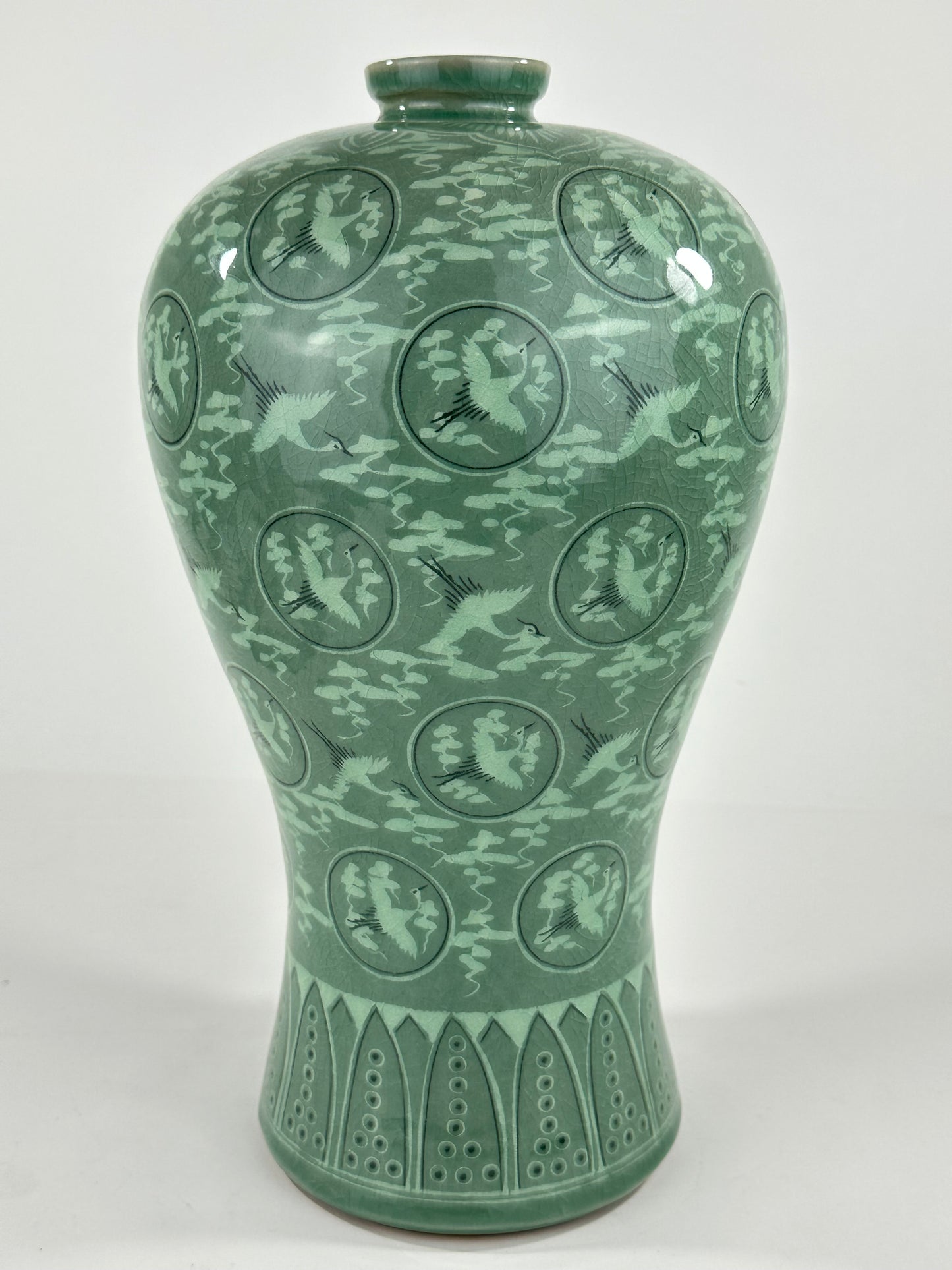 Vintage Japanese Celadon Crane Motif Vase 13"H Late 20th