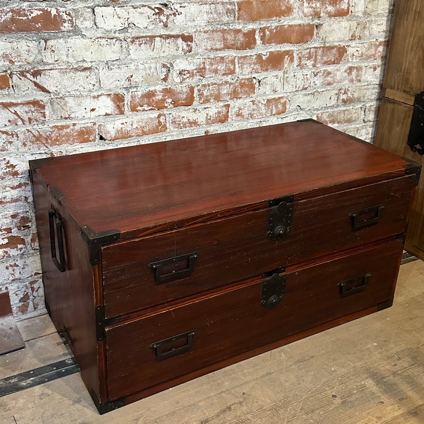 Antique Japanese Meiji Era (1868-1912) 2 Drawer Red Lacquer Clothing Tansu 36"W