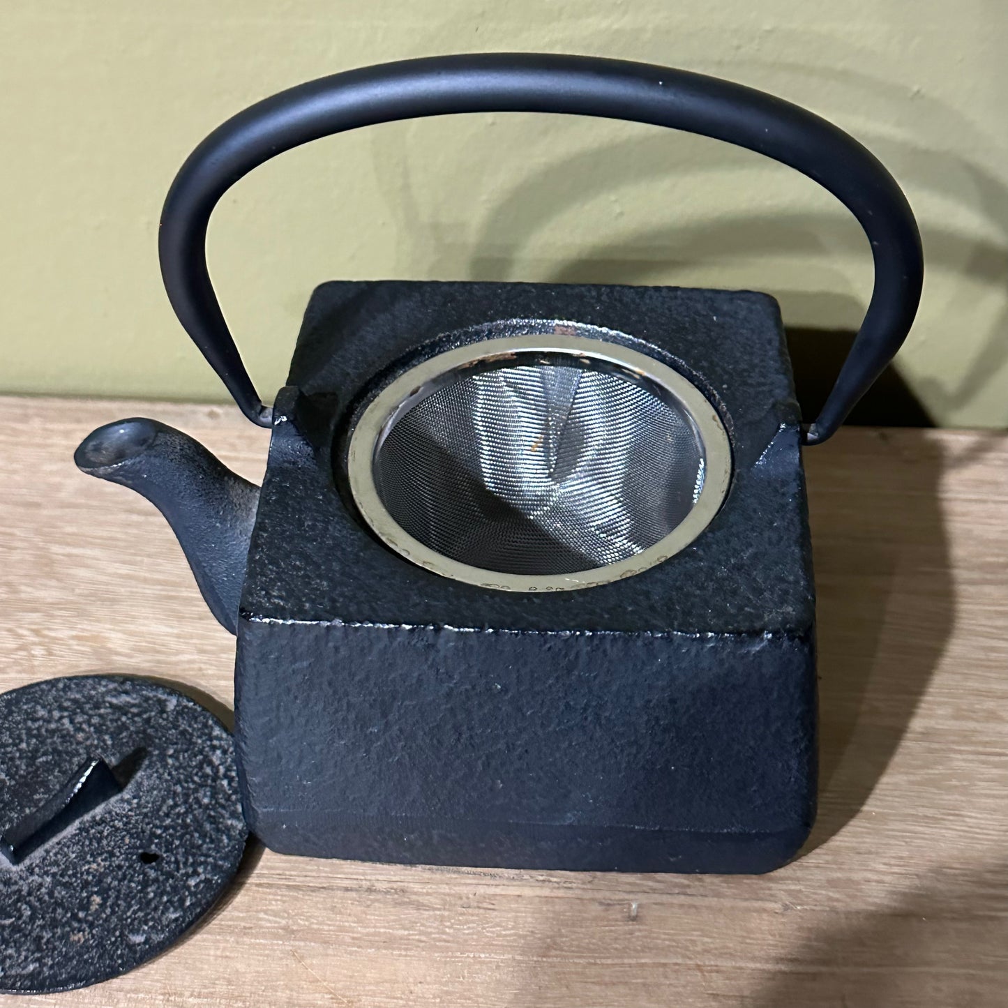 Vintage Japanese Iron Tea Kettle Square Shaped Enameled Tetsubin 5"