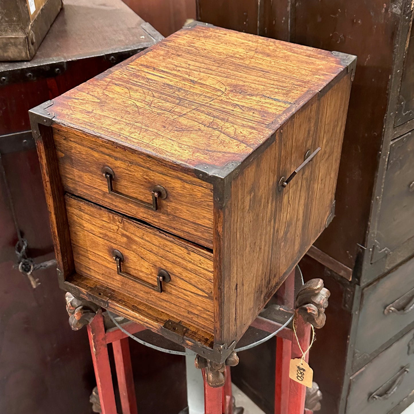 Antique Japanese c1880’s Kiri Wood Two Drawer Honbako Book Tansu Chest 14"