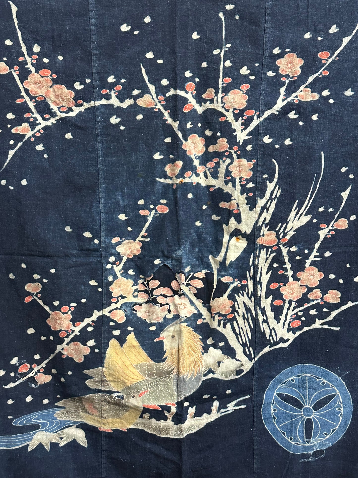 Antique Japanese 19th Century Textile Plum Blossoms - Tsutsugaki ~48"x48"