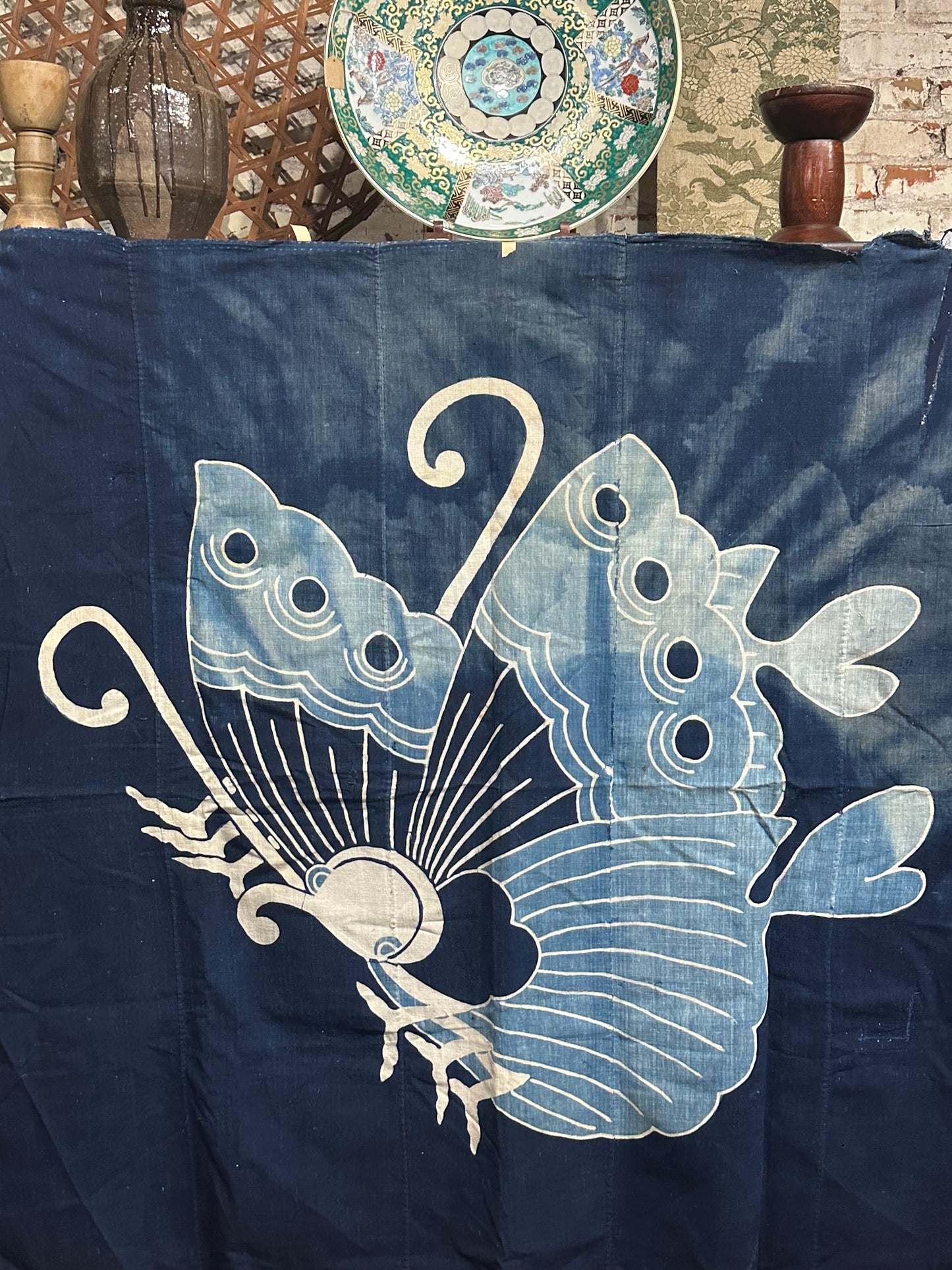 Antique Japanese 19th Century Textile Large Butterfly Motif Tsutsugaki