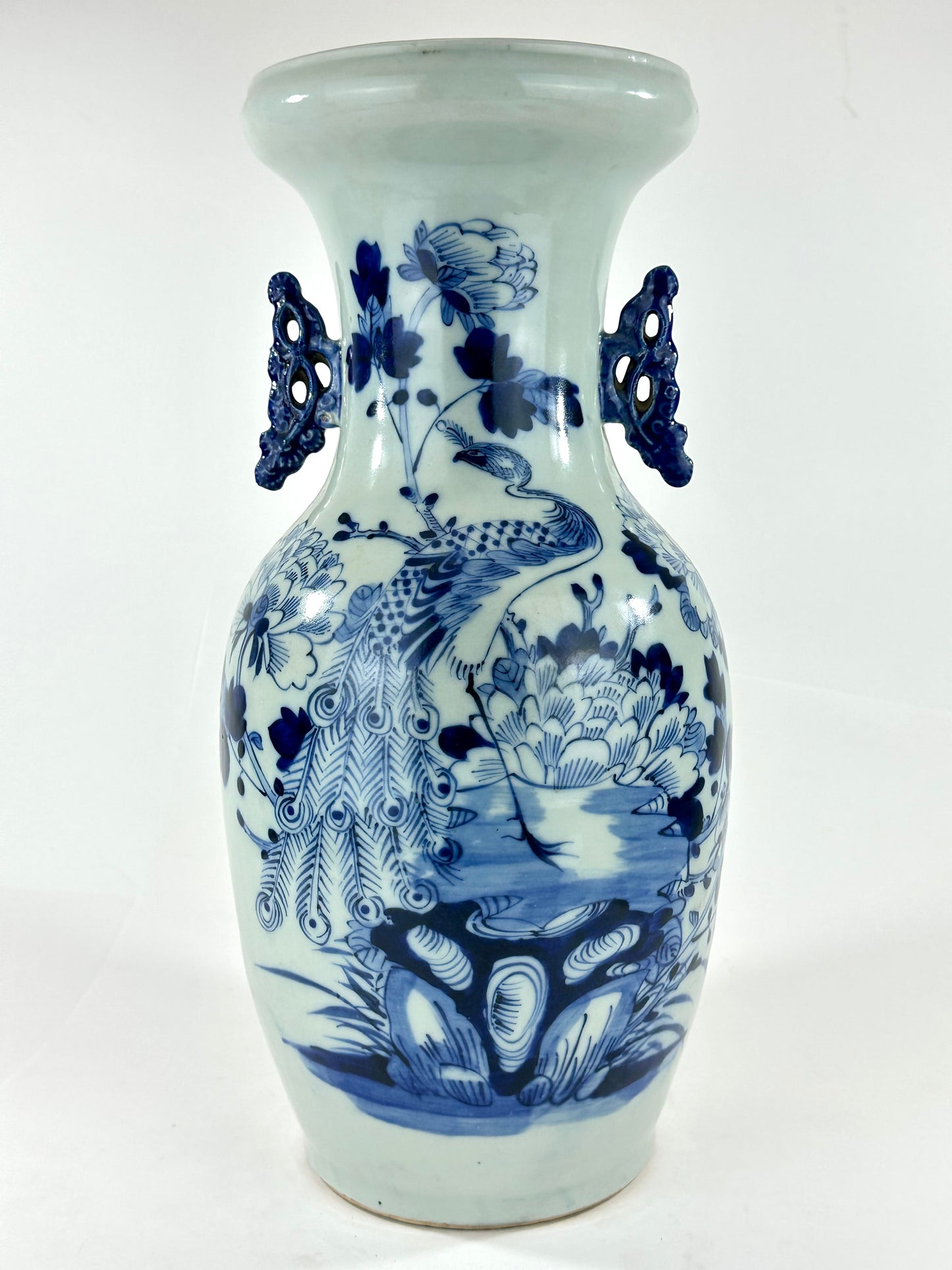 Antique Chinese Qing Dynasty Blue & White Porcelain Baluster Vase Peacock & Peony 17"H