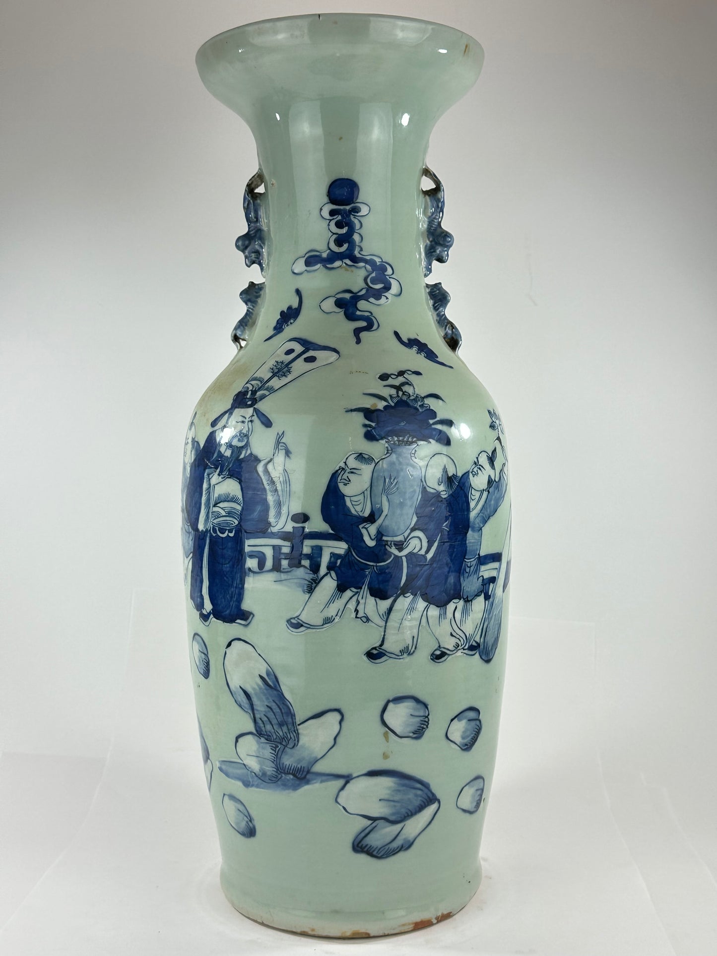 Antique Chinese Qing Dynasty Blue & White Celadon-Ground Vase Immortals 24"H