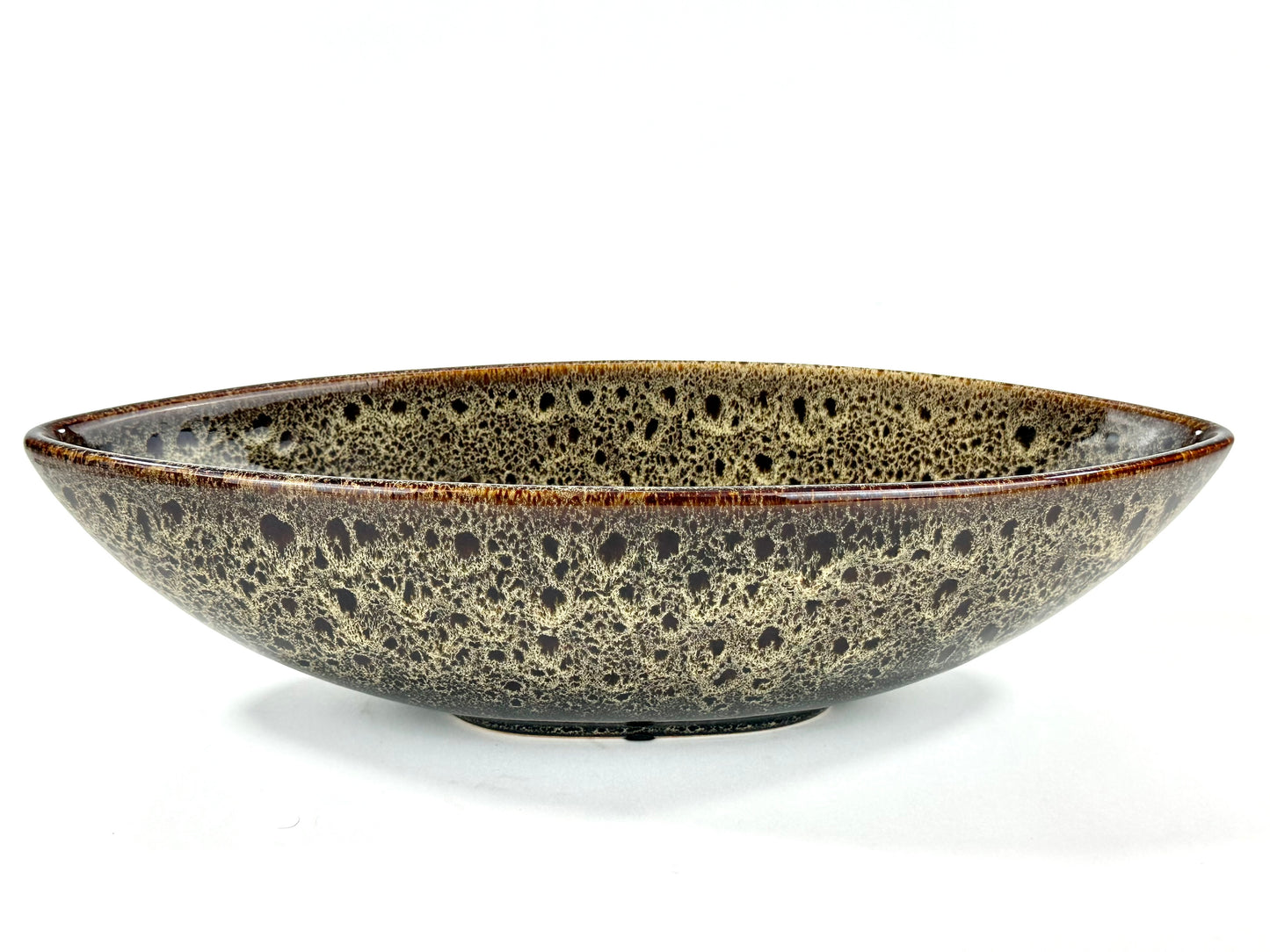 Vintage Japanese Stoneware Boat-Form Centerpiece Bowl Tenmoku-Style Glaze 14"
