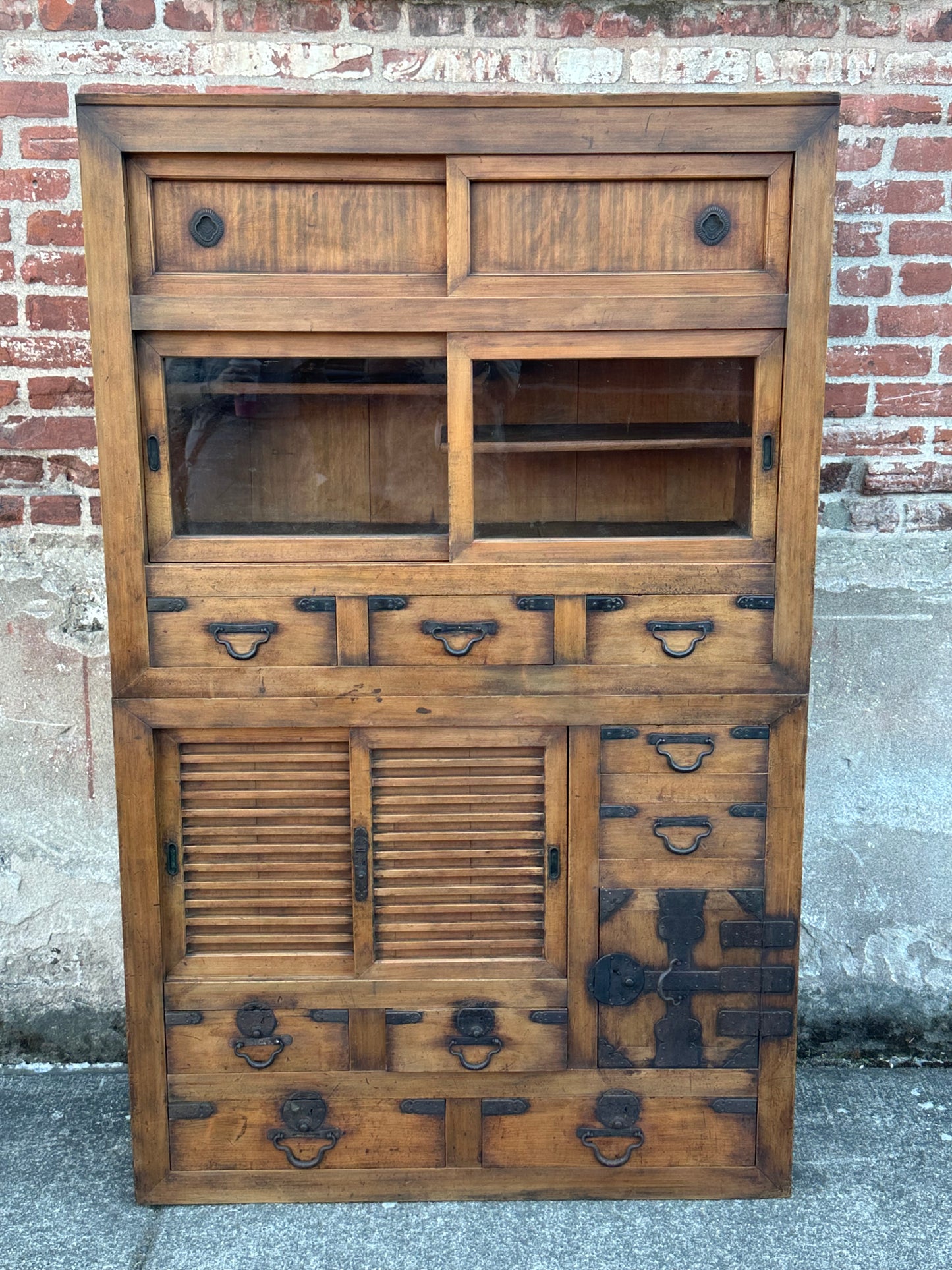Antique Japanese Meiji Era c1870's Mizuya Kitchen Tansu Two-Section Cabinet