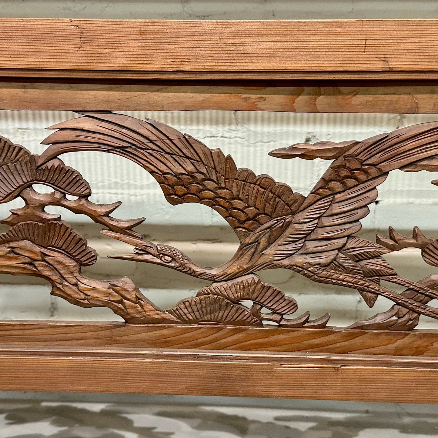 Vintage Japanese Ranma Cranes & Pines Carved Transom Screen Sugi Wood 55"