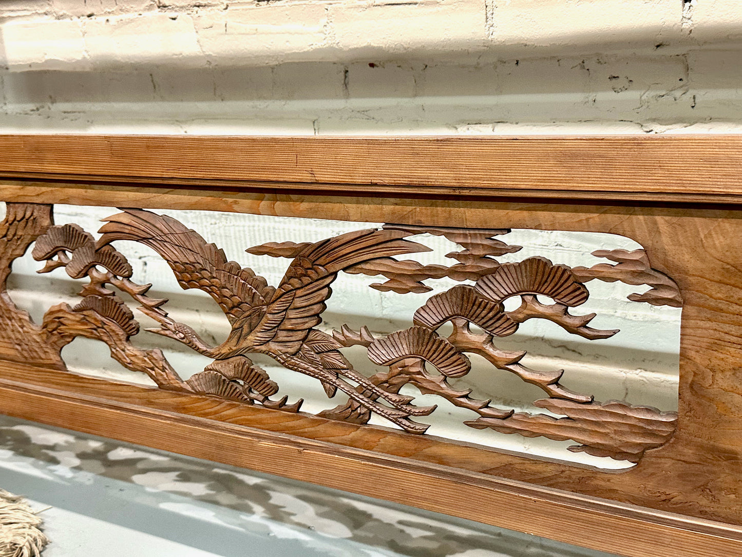 Vintage Japanese Ranma Cranes & Pines Carved Transom Screen Sugi Wood 55"