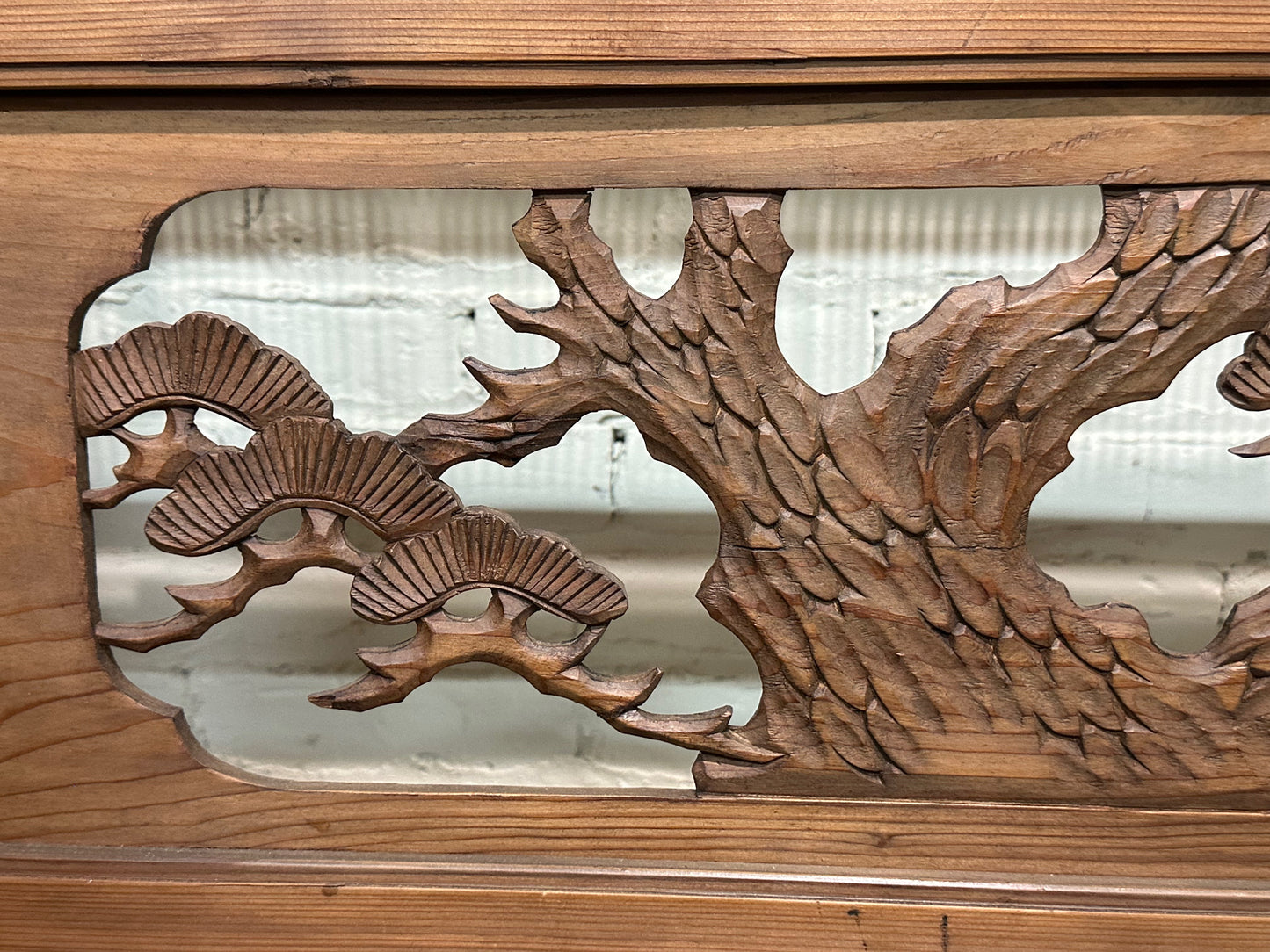 Vintage Japanese Ranma Cranes & Pines Carved Transom Screen Sugi Wood 55"