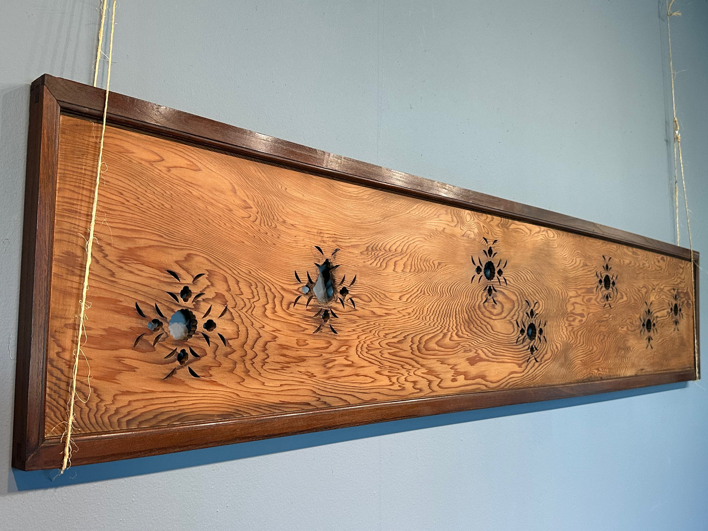Vintage Japanese Ranma Floral Motif Carved Transom Keyaki Wood Frame 73"