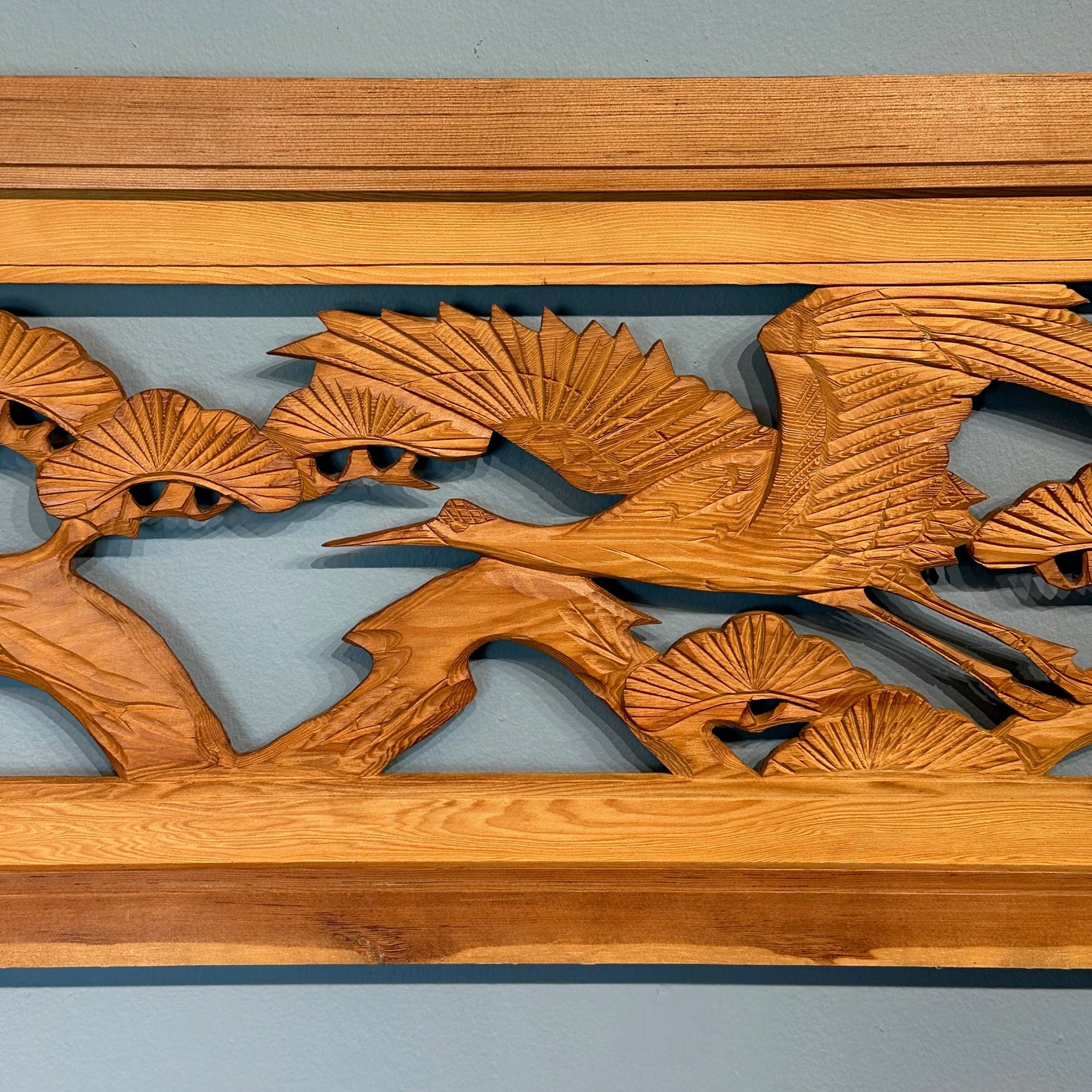 Vintage Japanese Ranma Crane of Happiness & Pines Carved Transom Sugi Wood 68"