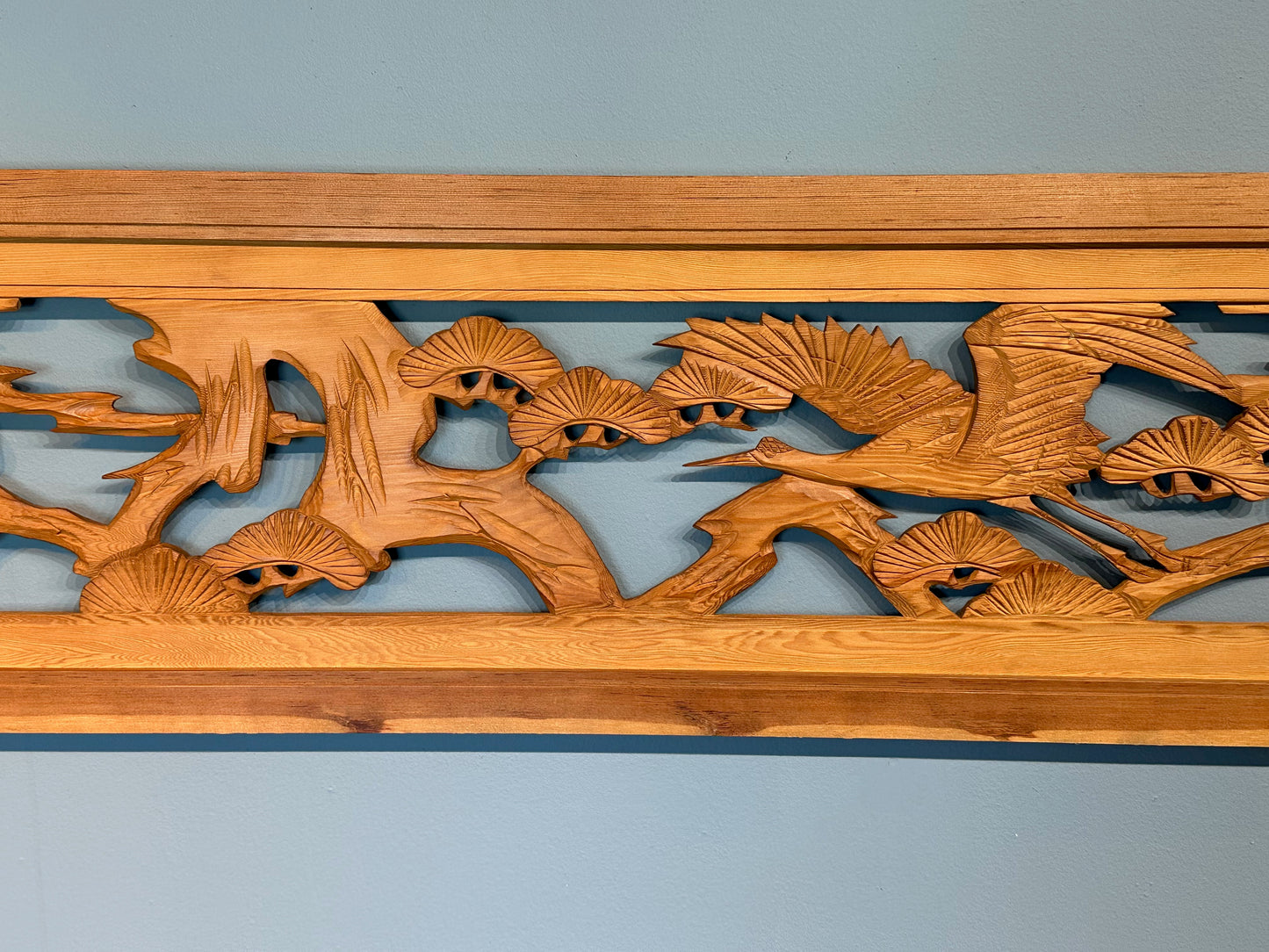 Vintage Japanese Ranma Crane of Happiness & Pines Carved Transom Sugi Wood 68"