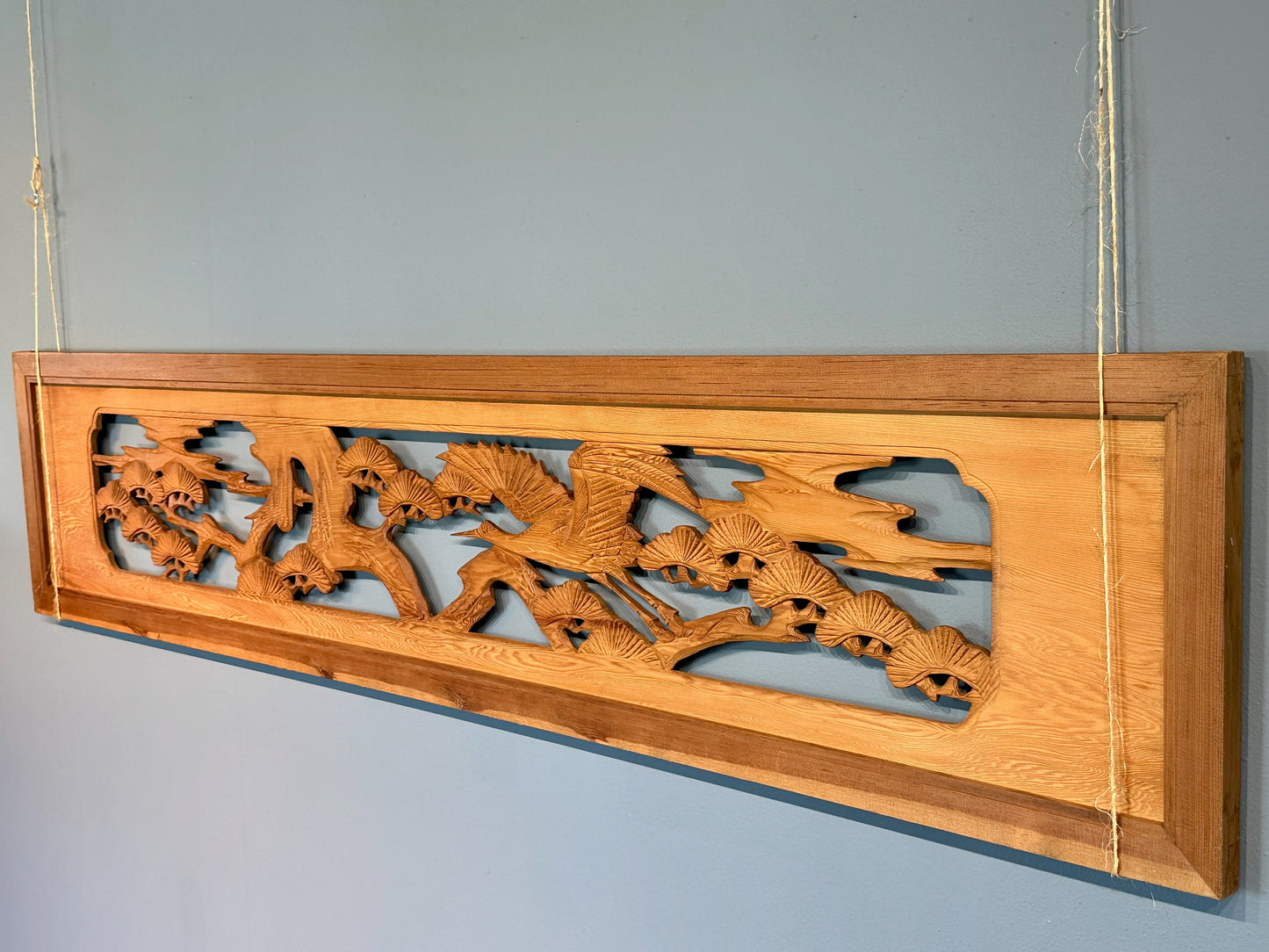 Vintage Japanese Ranma Crane of Happiness & Pines Carved Transom Sugi Wood 68"
