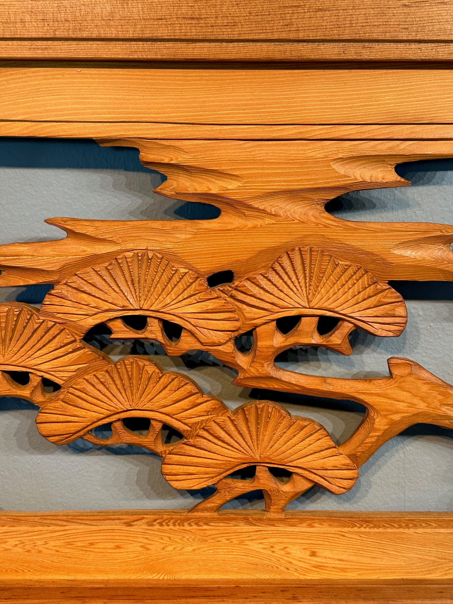 Vintage Japanese Ranma Crane of Happiness & Pines Carved Transom Sugi Wood 68"