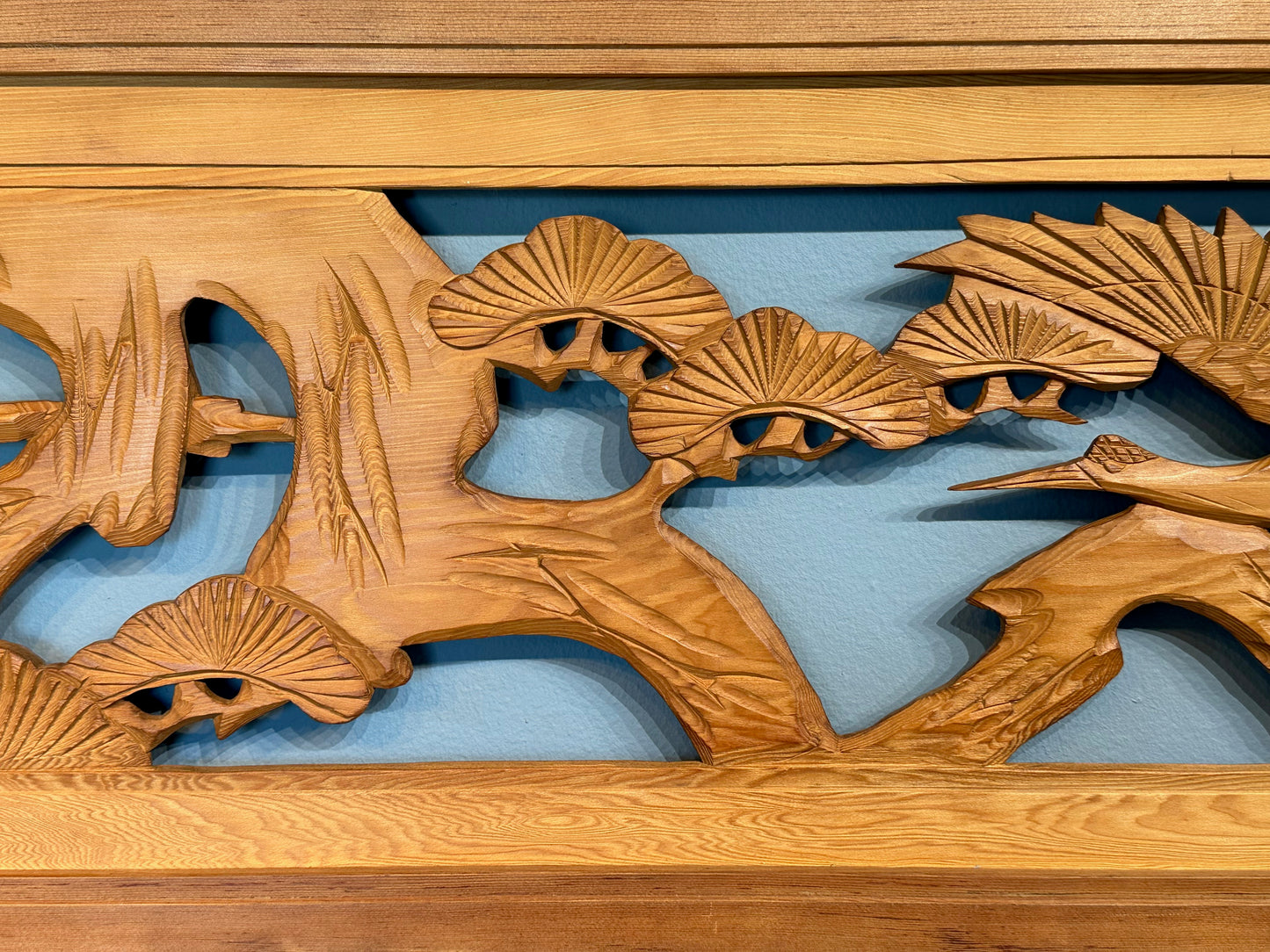 Vintage Japanese Ranma Crane of Happiness & Pines Carved Transom Sugi Wood 68"