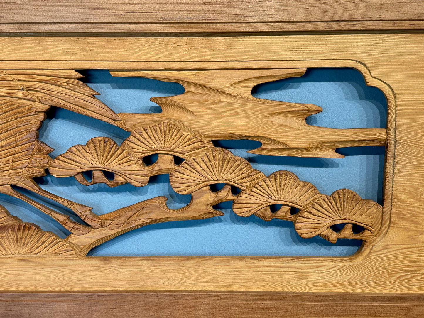 Vintage Japanese Ranma Crane of Happiness & Pines Carved Transom Sugi Wood 68"