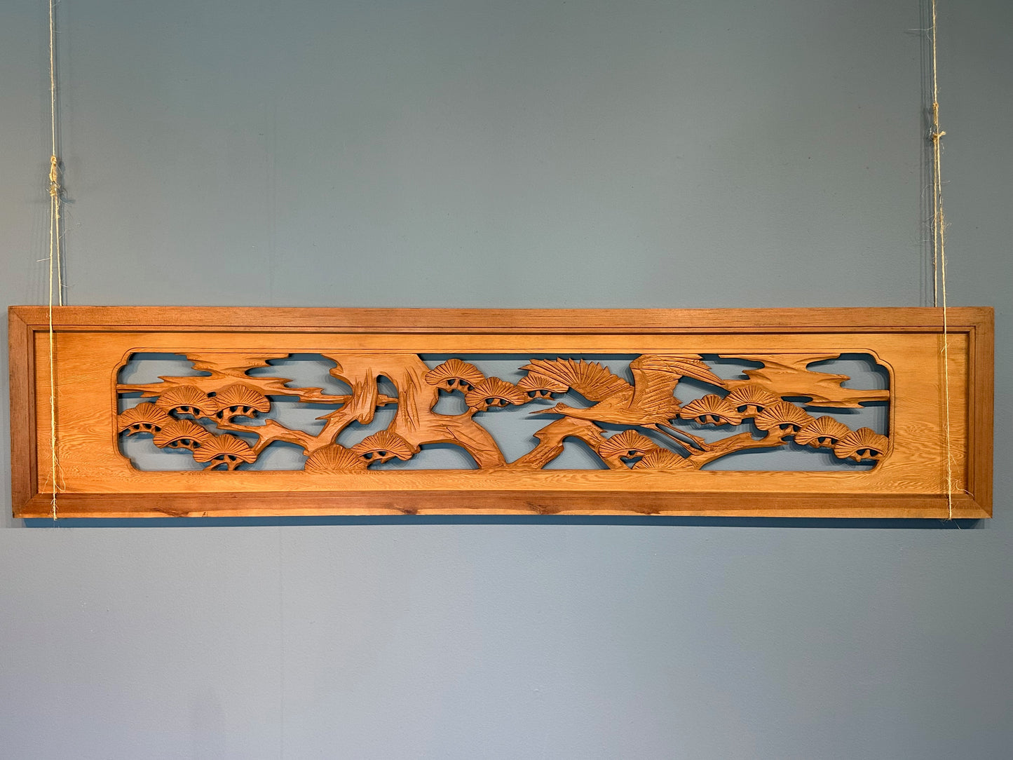 Vintage Japanese Ranma Crane of Happiness & Pines Carved Transom Sugi Wood 68"