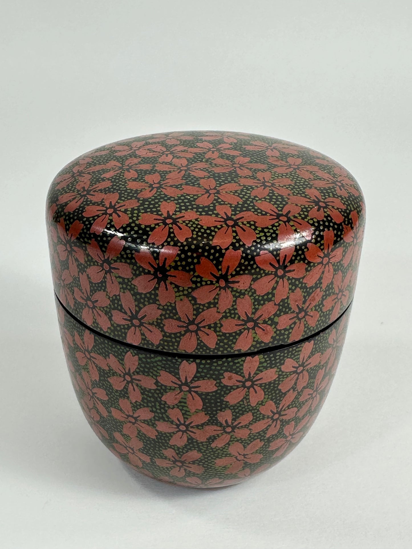 Vintage Japanese Tea Ceremony Natsume Black Lacquer Cherry Blossoms 3"