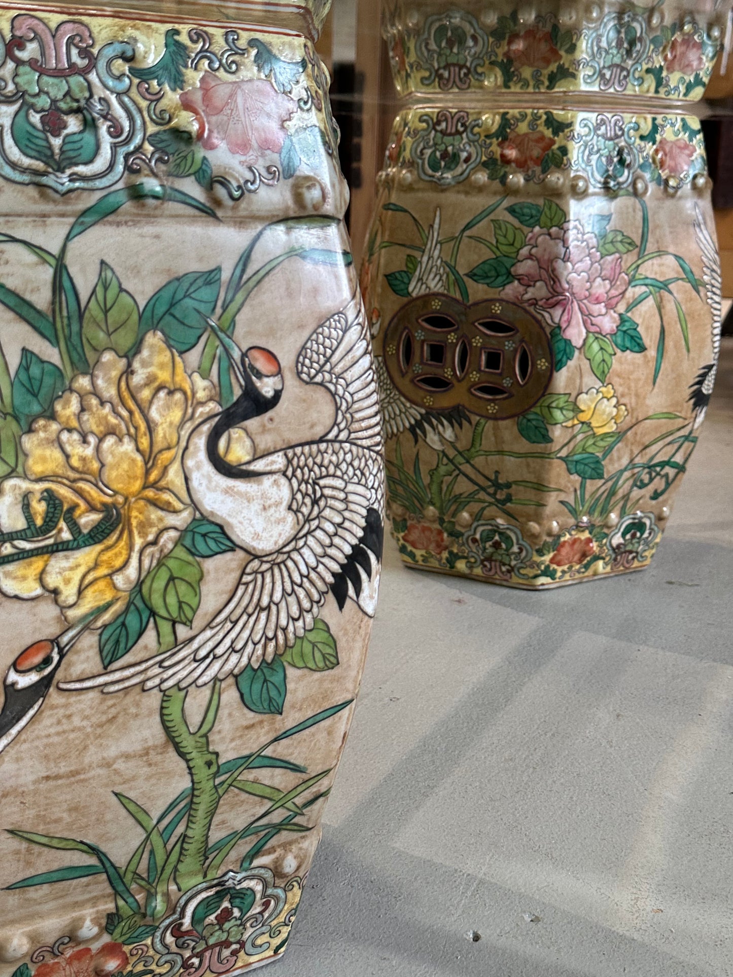 Vintage Coffee Table Chinese Garden Stools Ceramic Crane Motif 54x30"