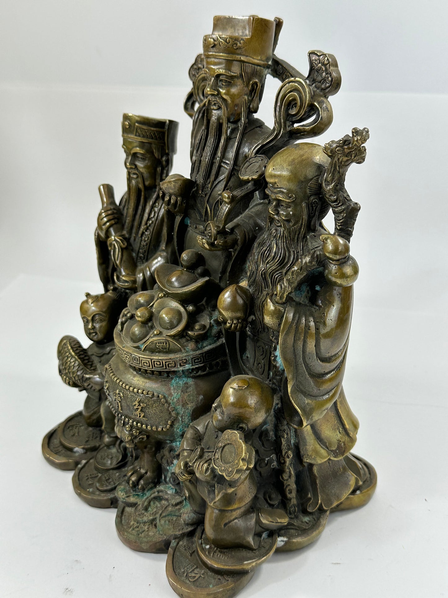 Vintage Chinese Bronze Statue Fu Lu Shu or San Xing 10"H