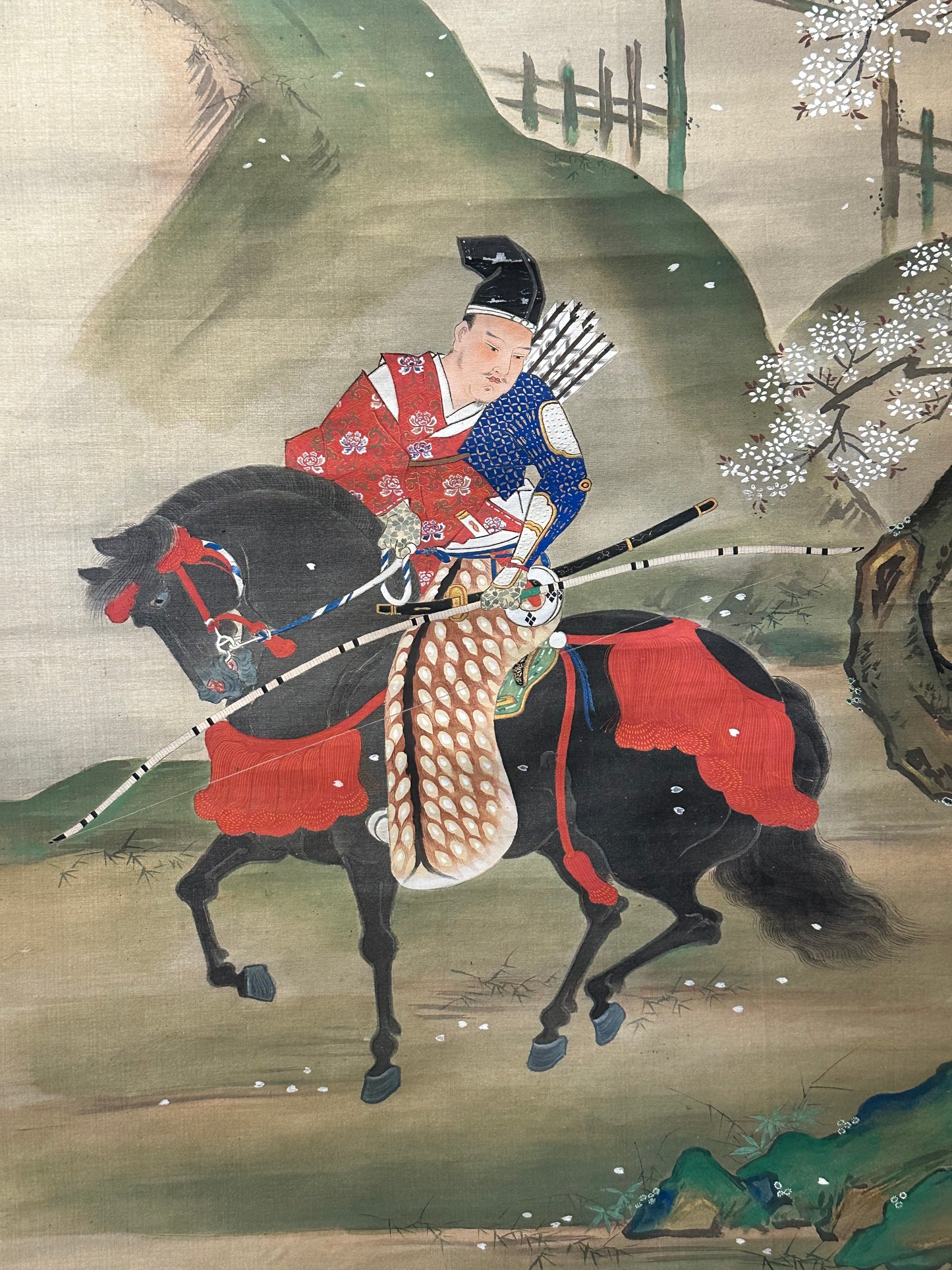 Japanese Antique Scroll Kakejiku Hand Painted Samurai Archer Minamoto 73"