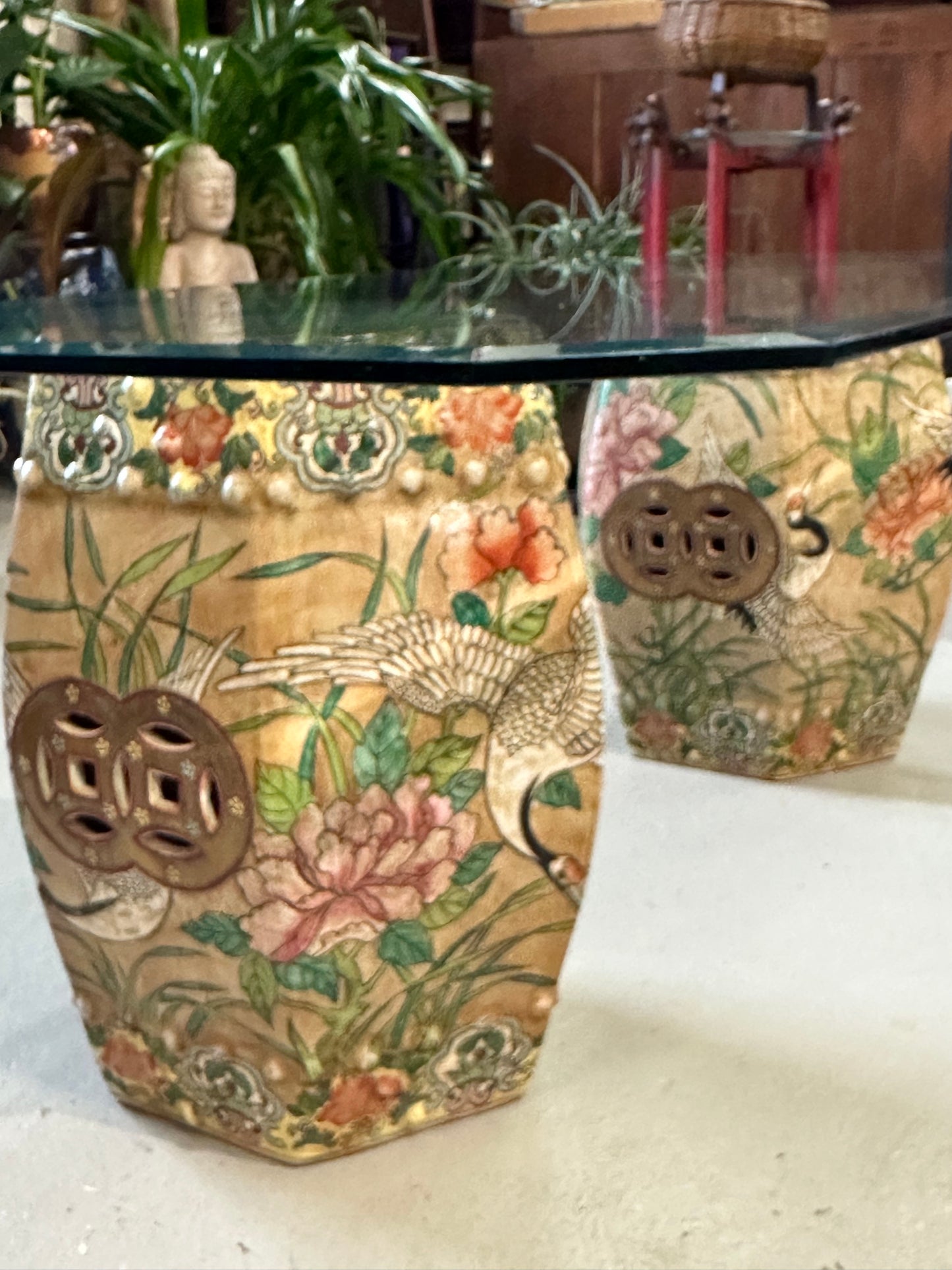 Vintage Coffee Table Chinese Garden Stools Ceramic Crane Motif 54x30"