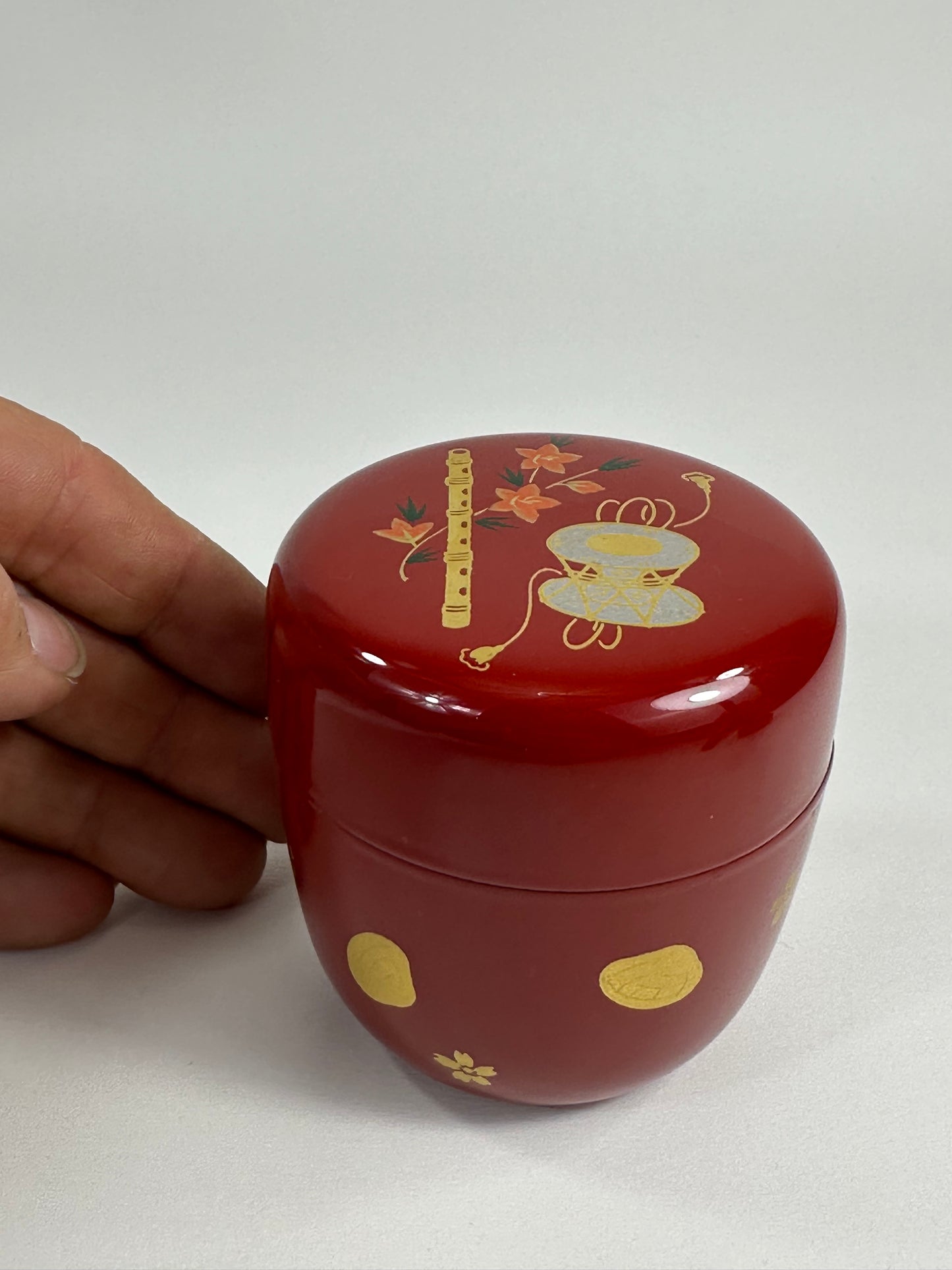 Japanese Tea Ceremony Natsume Red Lacquer Flute & Drum Gold Maki-e 3”