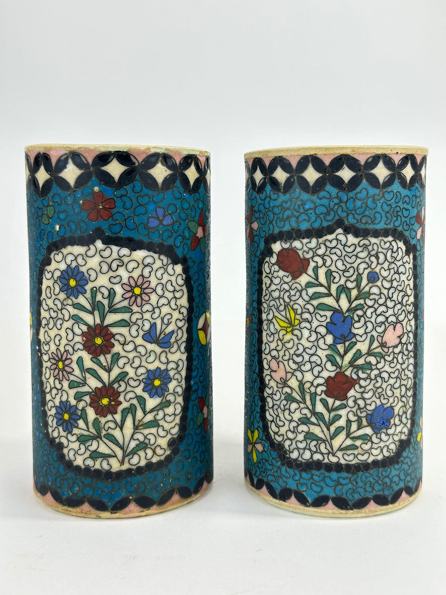 Antique Japanese Kinkozan Style Cloisonné Brush Pots Pair 5.25"H