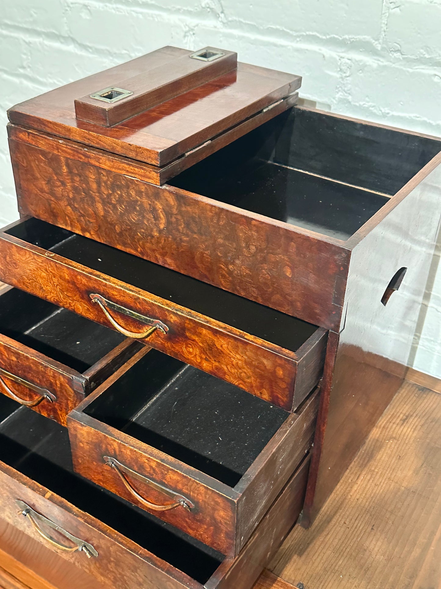 Antique Japanese 4 Drawer Kyodai Vanity Tansu Mullberry Wood 14" Haribako