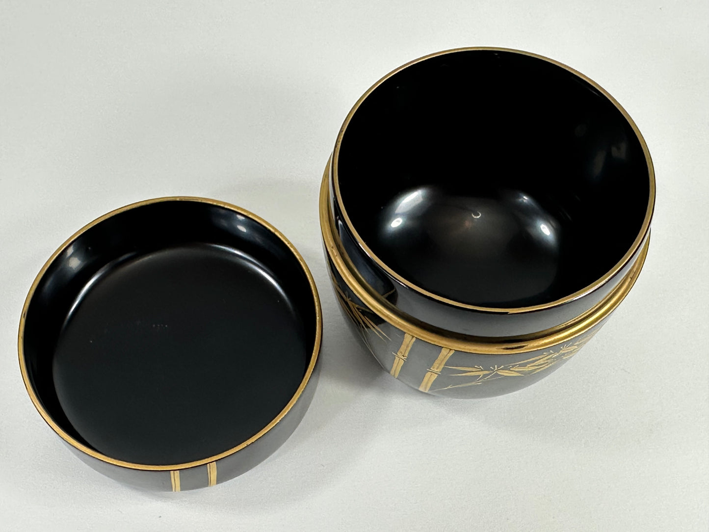 Vintage Japanese Tea Ceremony Natsume Black Lacquer Gold Bamboo Maki-e 3"