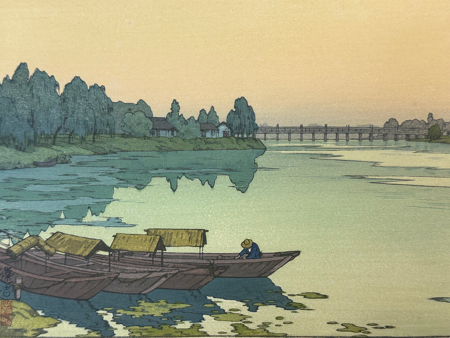 Yodo River Toshi Yoshida Woodblock Print Signed Original 1942 吉田 遠志