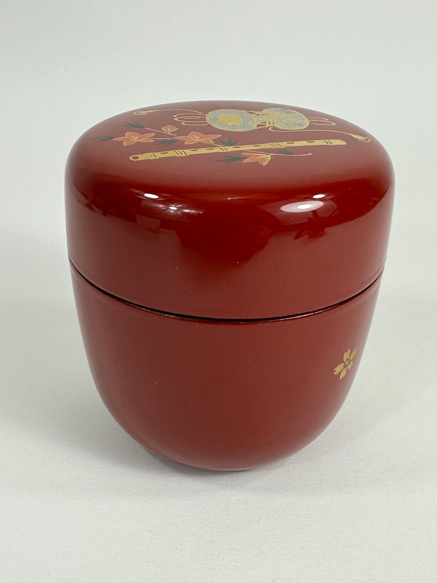 Japanese Tea Ceremony Natsume Red Lacquer Flute & Drum Gold Maki-e 3”