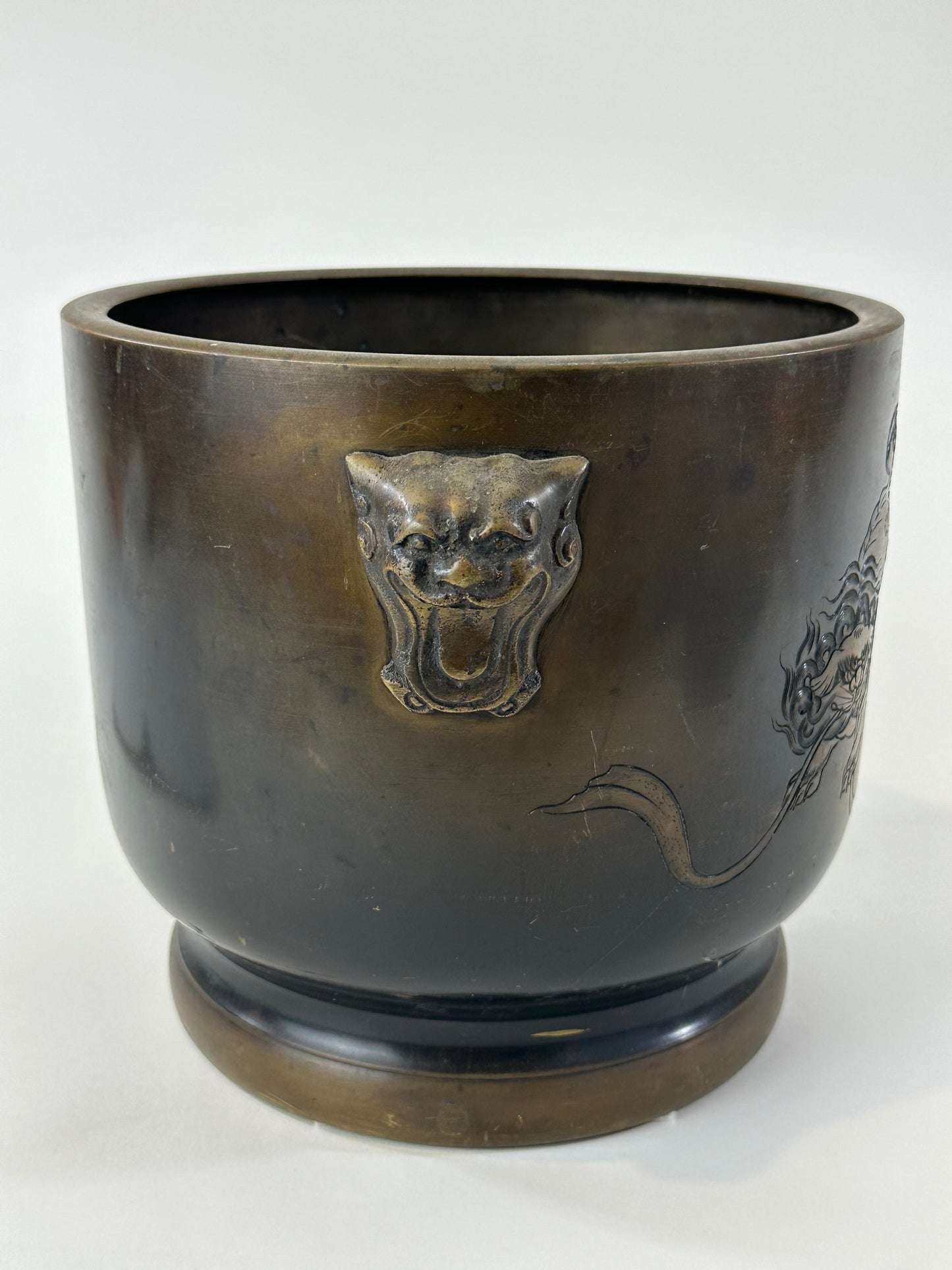 Antique Japanese Meiji Era Bronze Hibachi Brazier Shi-Shi Fu Dogs 10"
