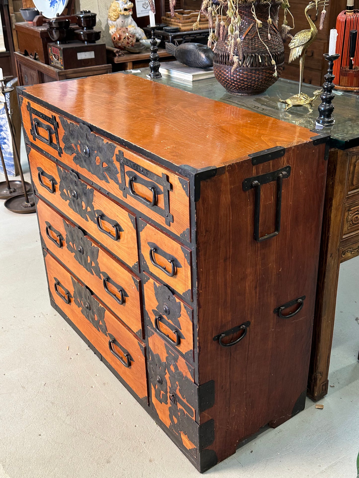 Antique Japanese Meiji Era c1880's Sendai Clothing Tansu Chest Peony 36"W