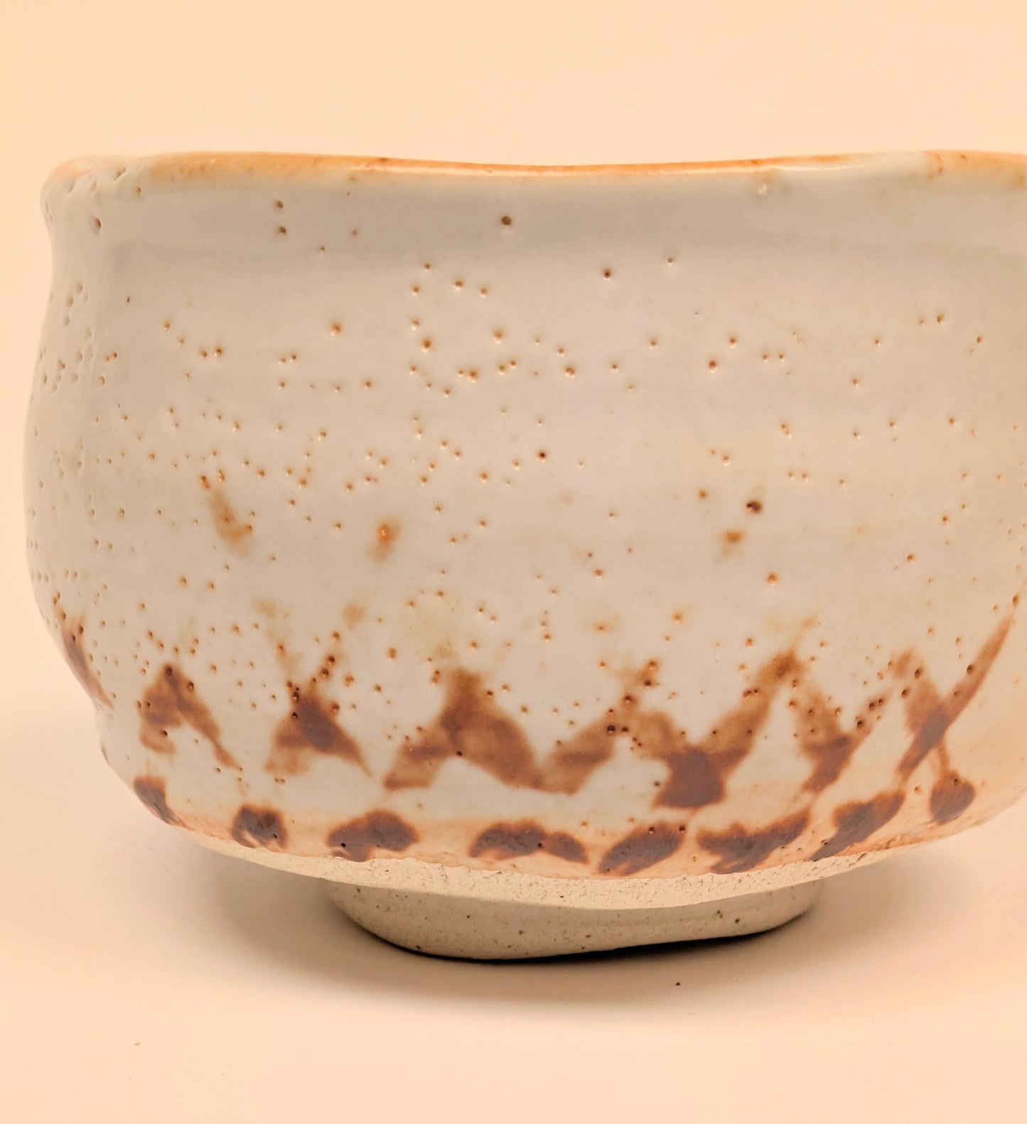 Vintage Japanese Shino Chawan Tea Ceremony Bowl Ceramic 4.75" w/ Kiri Wood Box