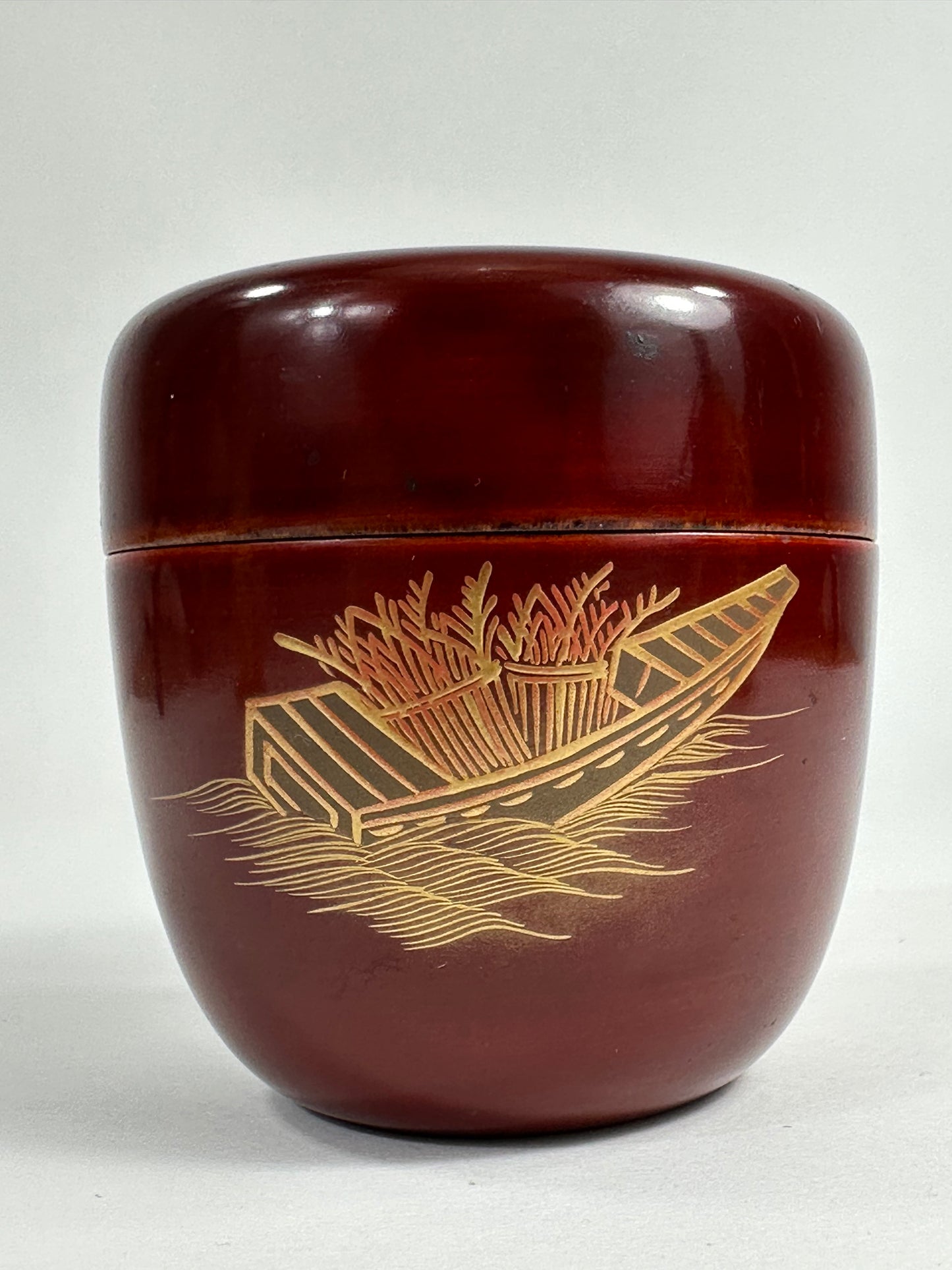Vintage Japanese Tea Ceremony Natsume Red Lacquer Shibafune Gold Maki-e 3”