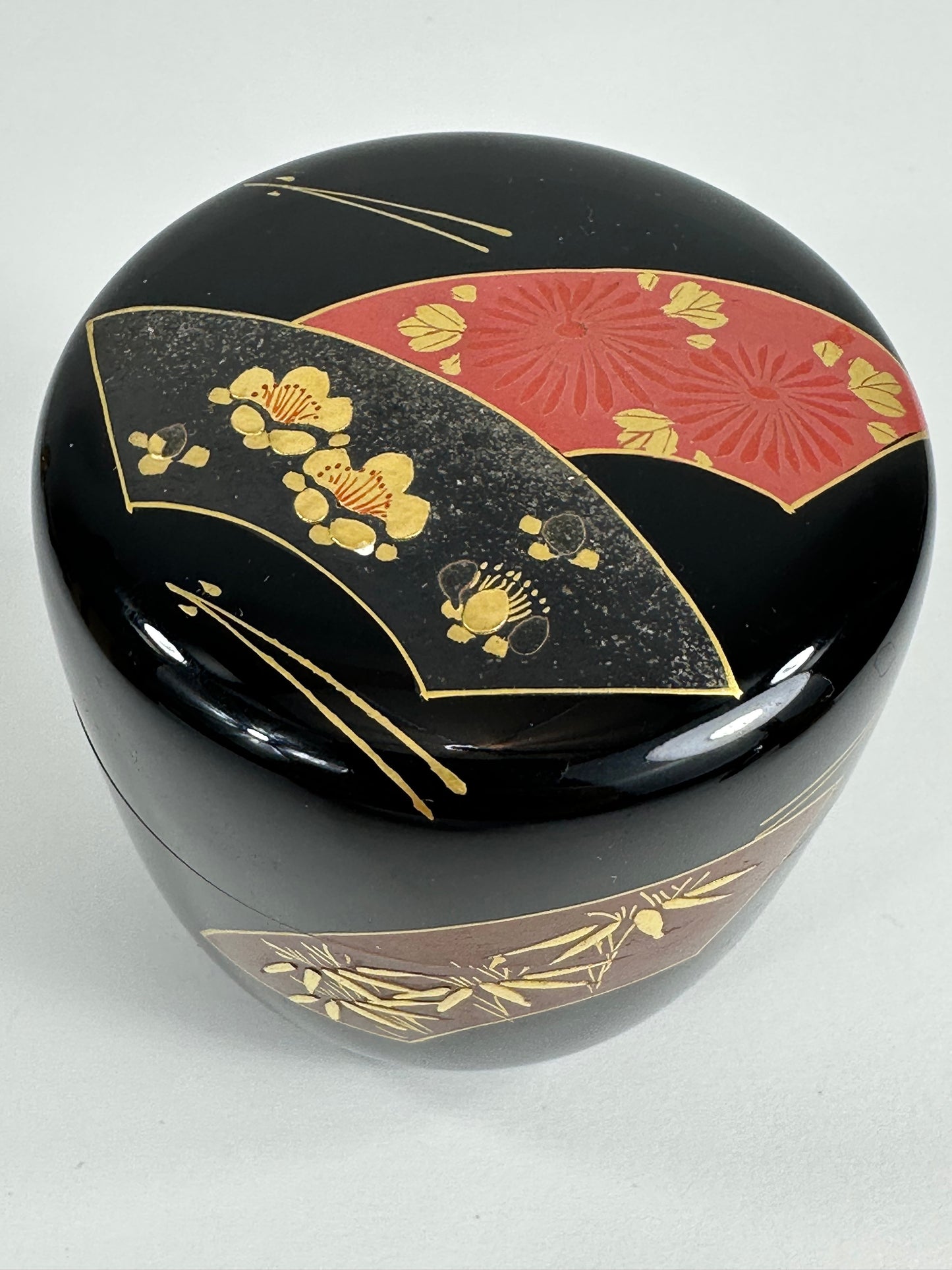 Vintage Japanese Tea Ceremony Natsume Black Lacquer Bamboo Pine Plum 3”