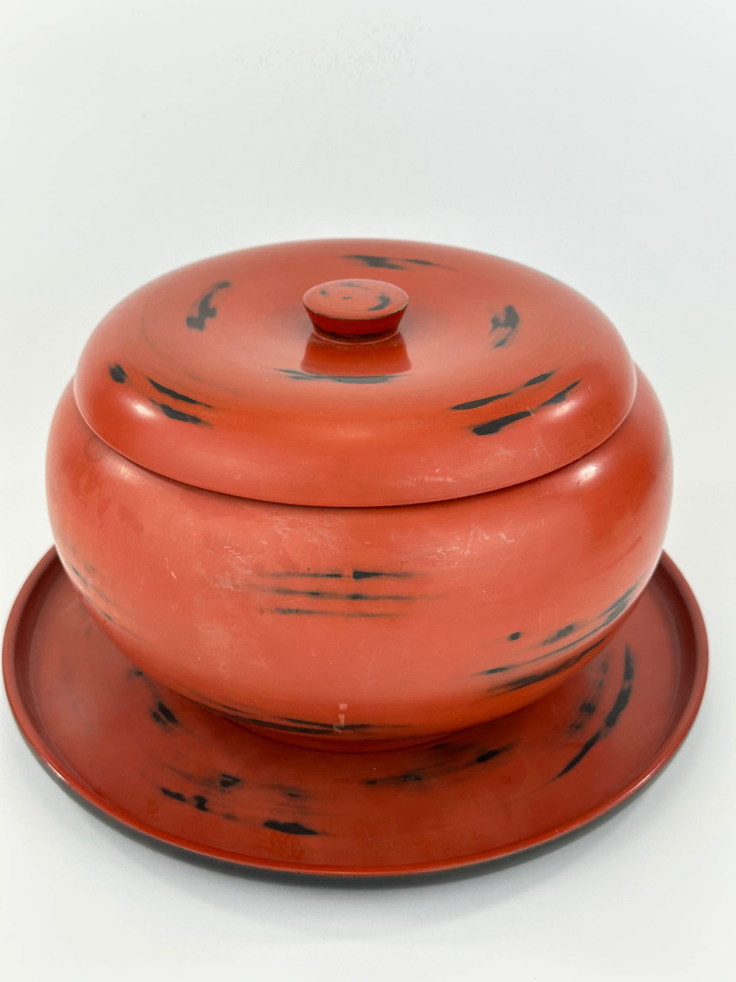 Antique Japanese Meiji Era Negoro Lacquer Lidded Bowl Matching Tray 9.5"