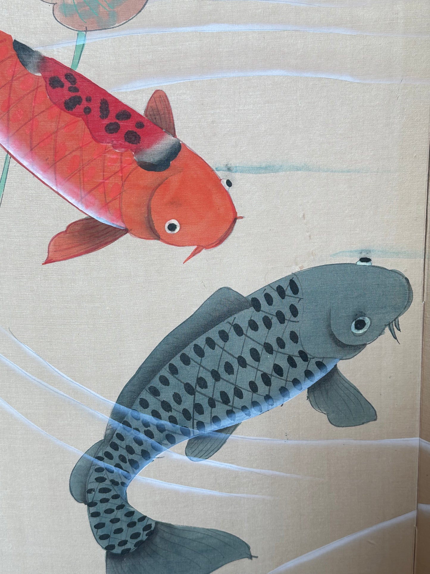 Vintage Japanese 4 Panel Folding Screen Wall Hanging Koi Fish 36"H