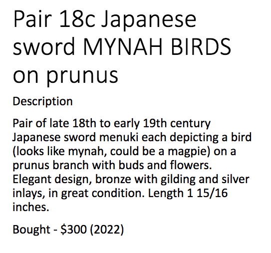 Menuki Pair – Crows on Plum Blossom Branches Japan, Edo period Shakudō with gilt details Samurai Sword Ornament LS061