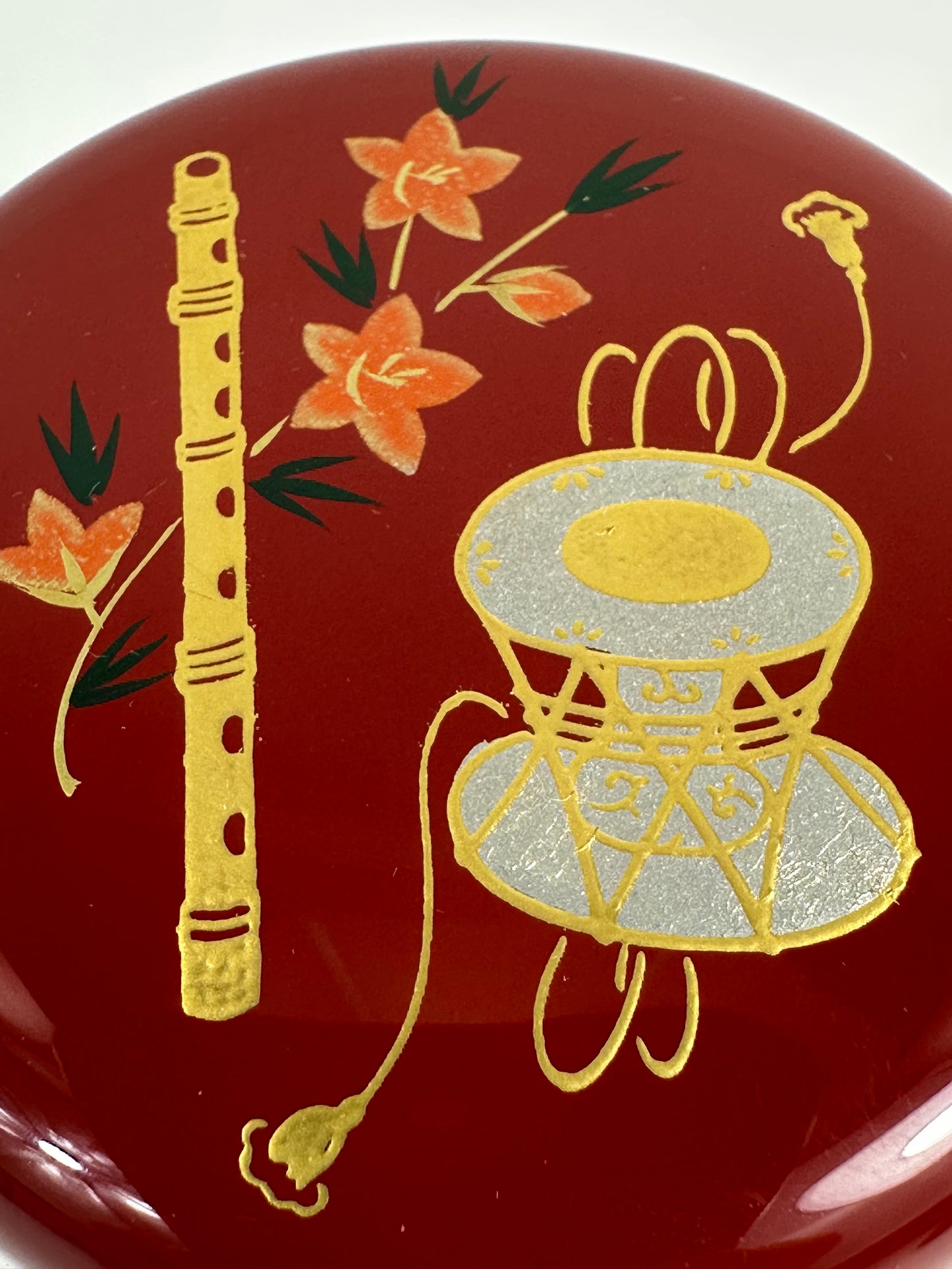 Japanese Tea Ceremony Natsume Red Lacquer Flute & Drum Gold Maki-e 3”