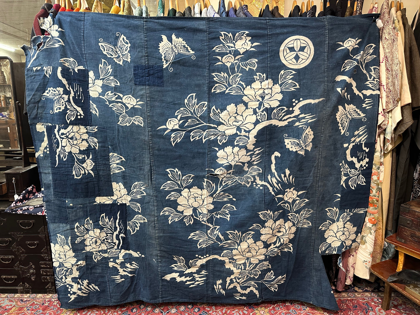 Antique Japanese 19th Century Textile Peonies Boro - Tsutsugaki 77"x68" #61