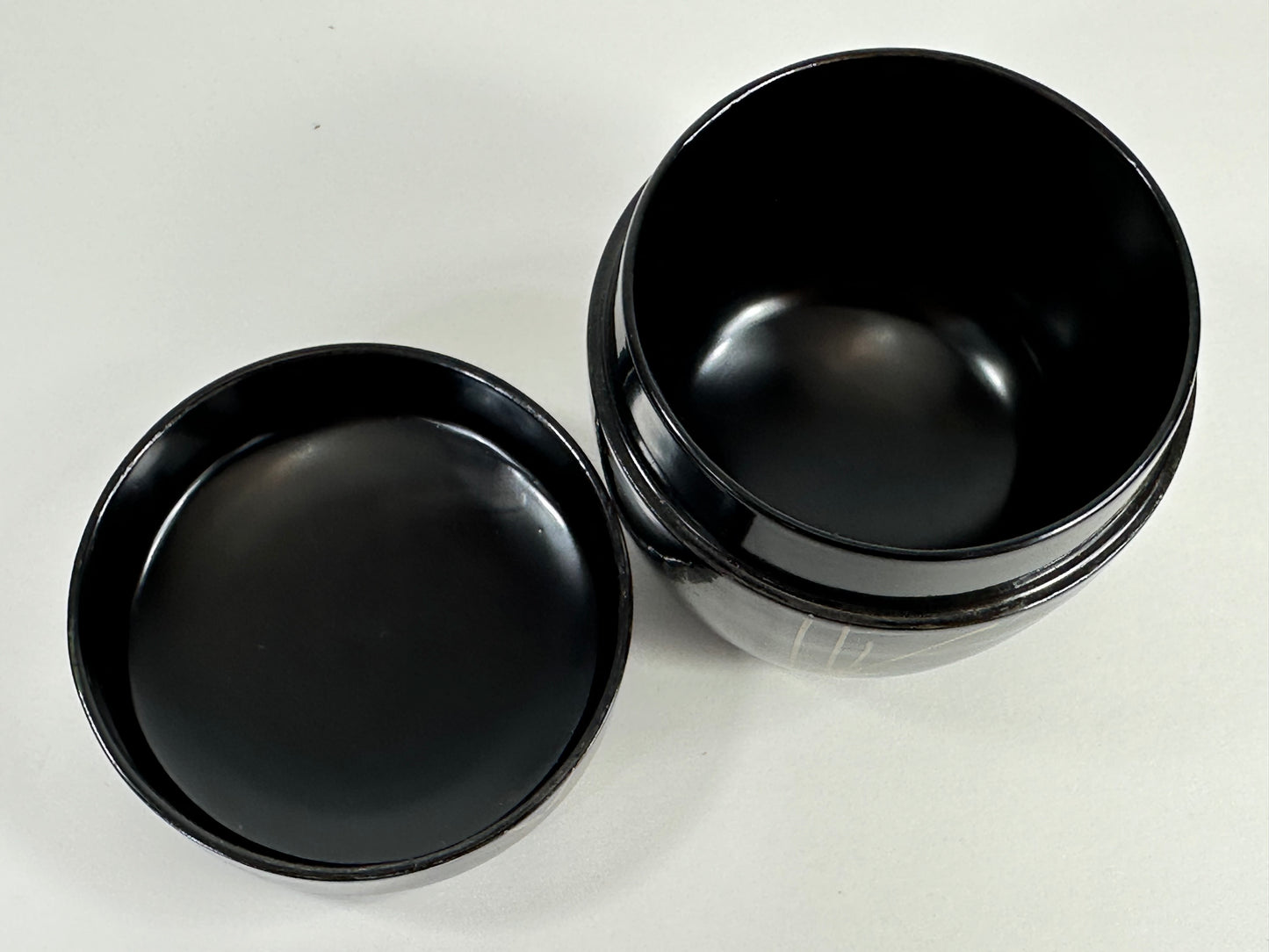 Vintage Japanese Tea Ceremony Natsume Black Lacquer Silver Bamboo 3”